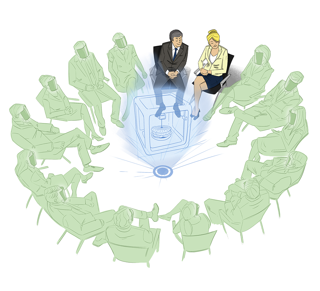 dessin d'un groupe de personne reunis en cercle regardant un hologramme d'imprimante 3d au centre