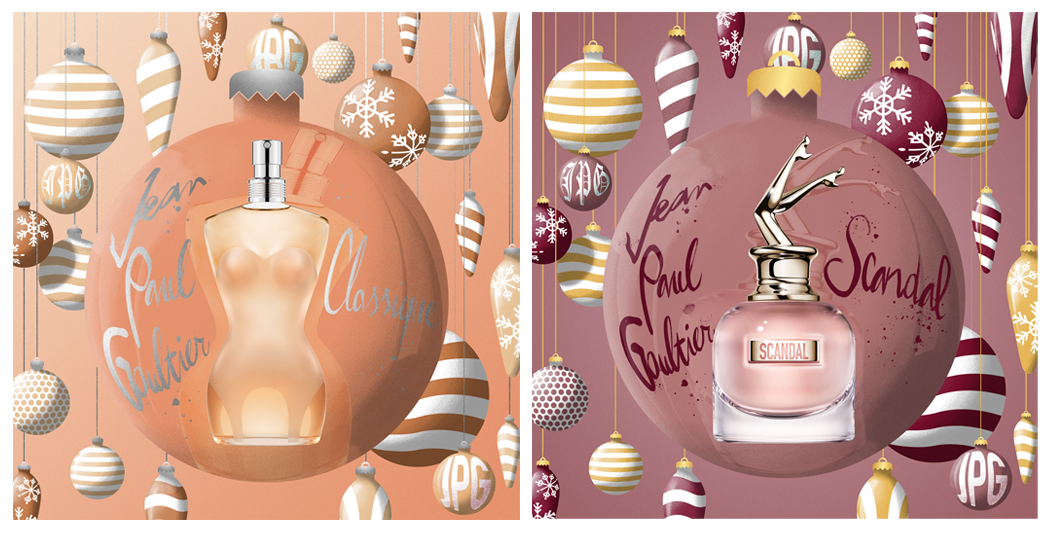 boules de noël rayées avec flacons de parfums