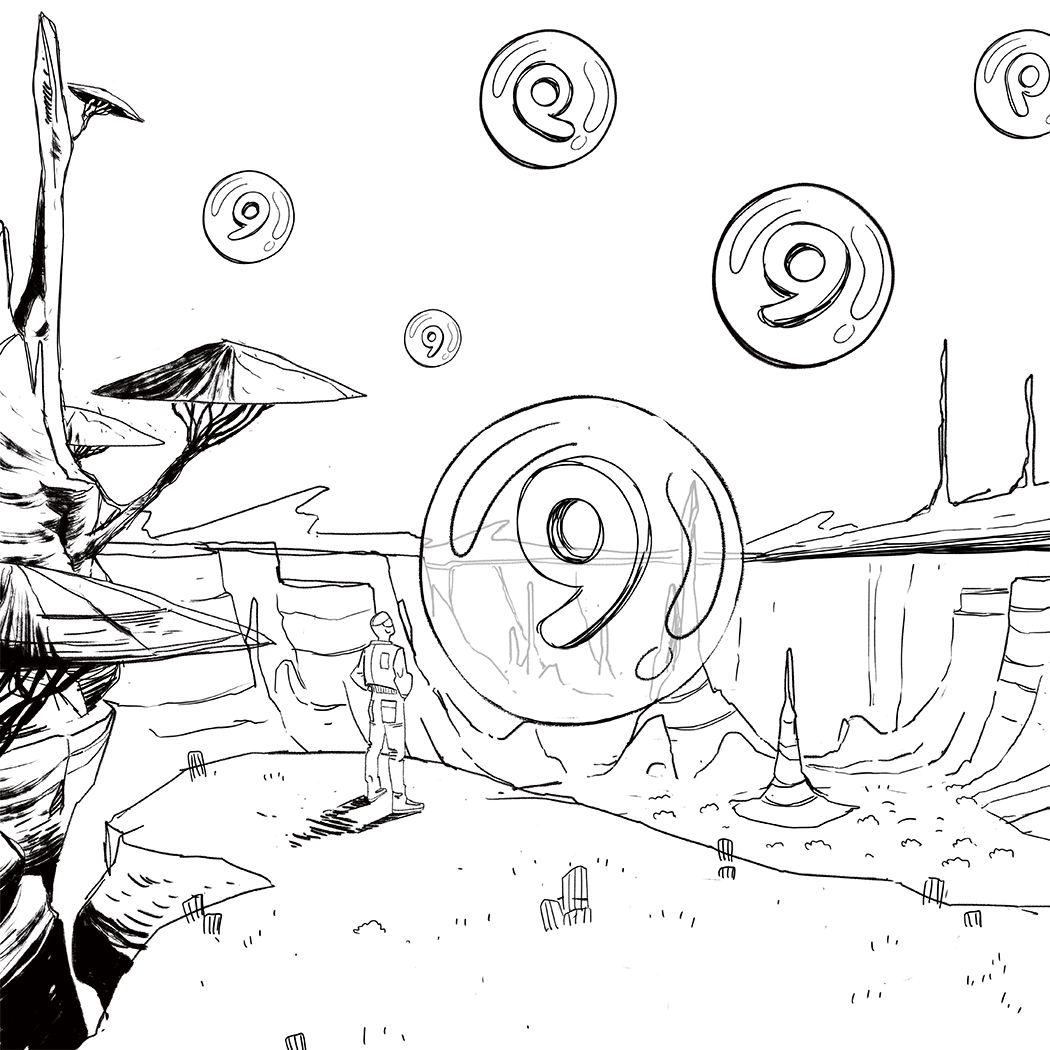 croquis d'un explorateur regardant une bulle flottant sur une planète inconnue