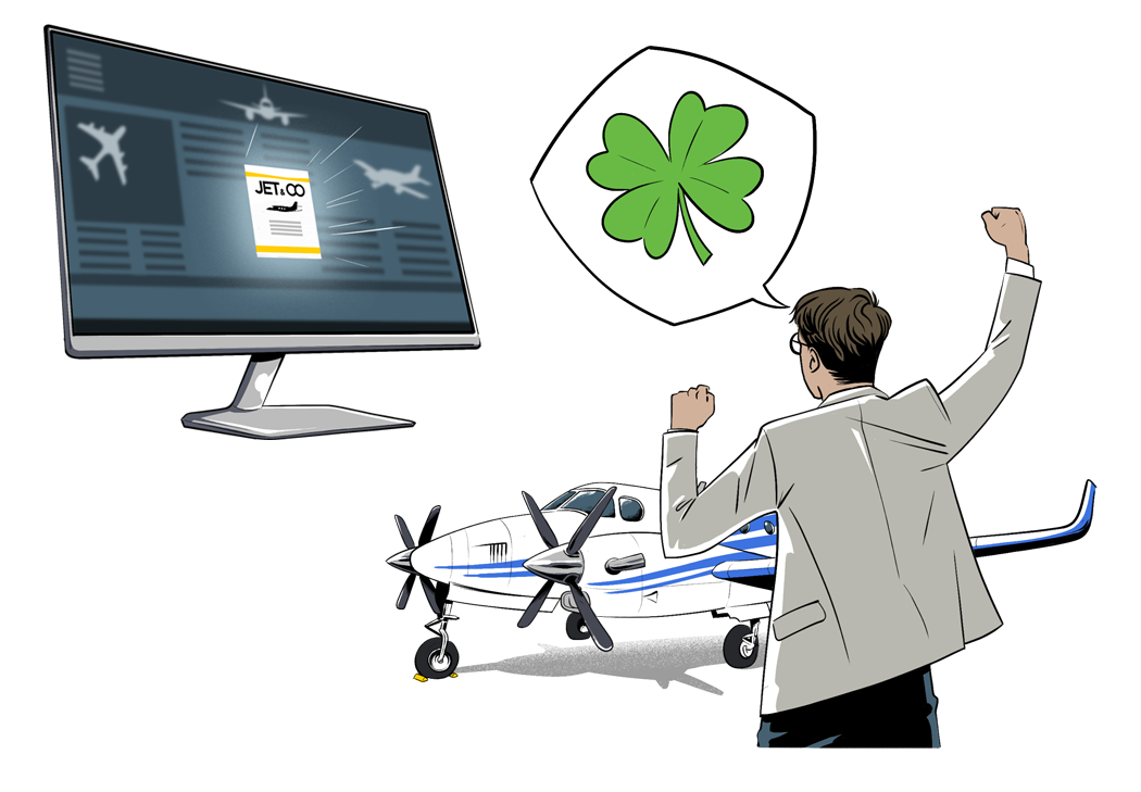 dessin d'un homme en costume devant un avion avec un trèfle à 4 feuilles