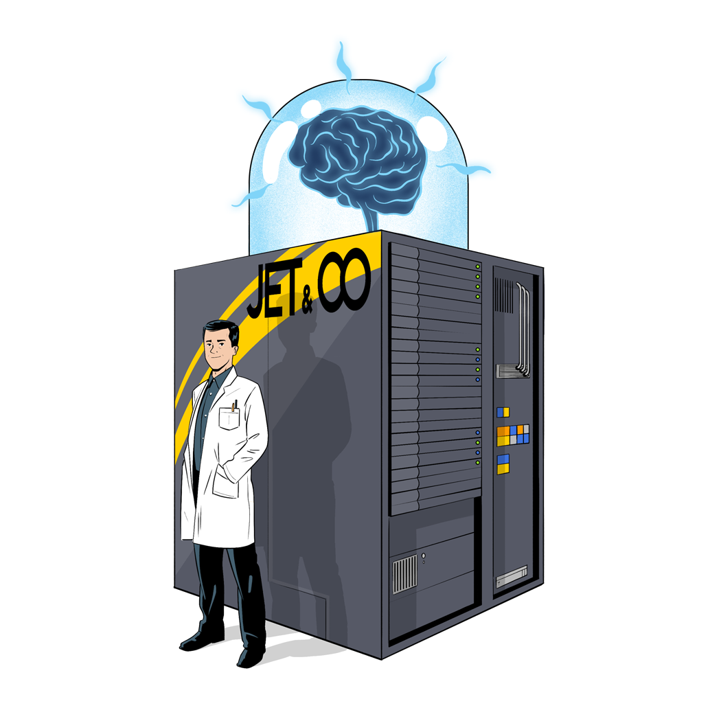 dessin d'un scientifique devant un super cerveau calculateur