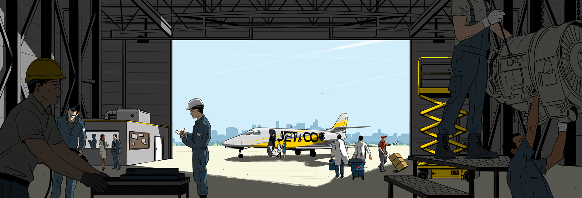 dessin de personnel travaillant dans l'ombre dans un hangar d'avion