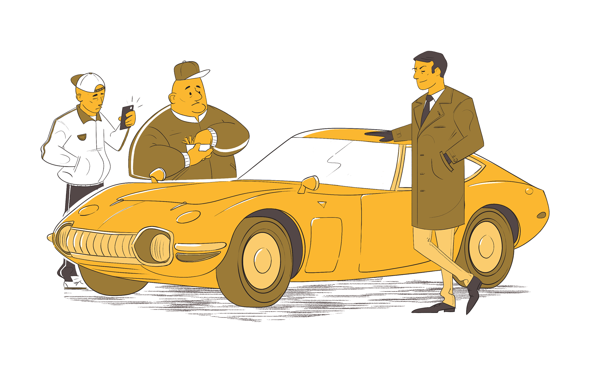 dessin de jeunes gens prenant en photo une belle voiture 