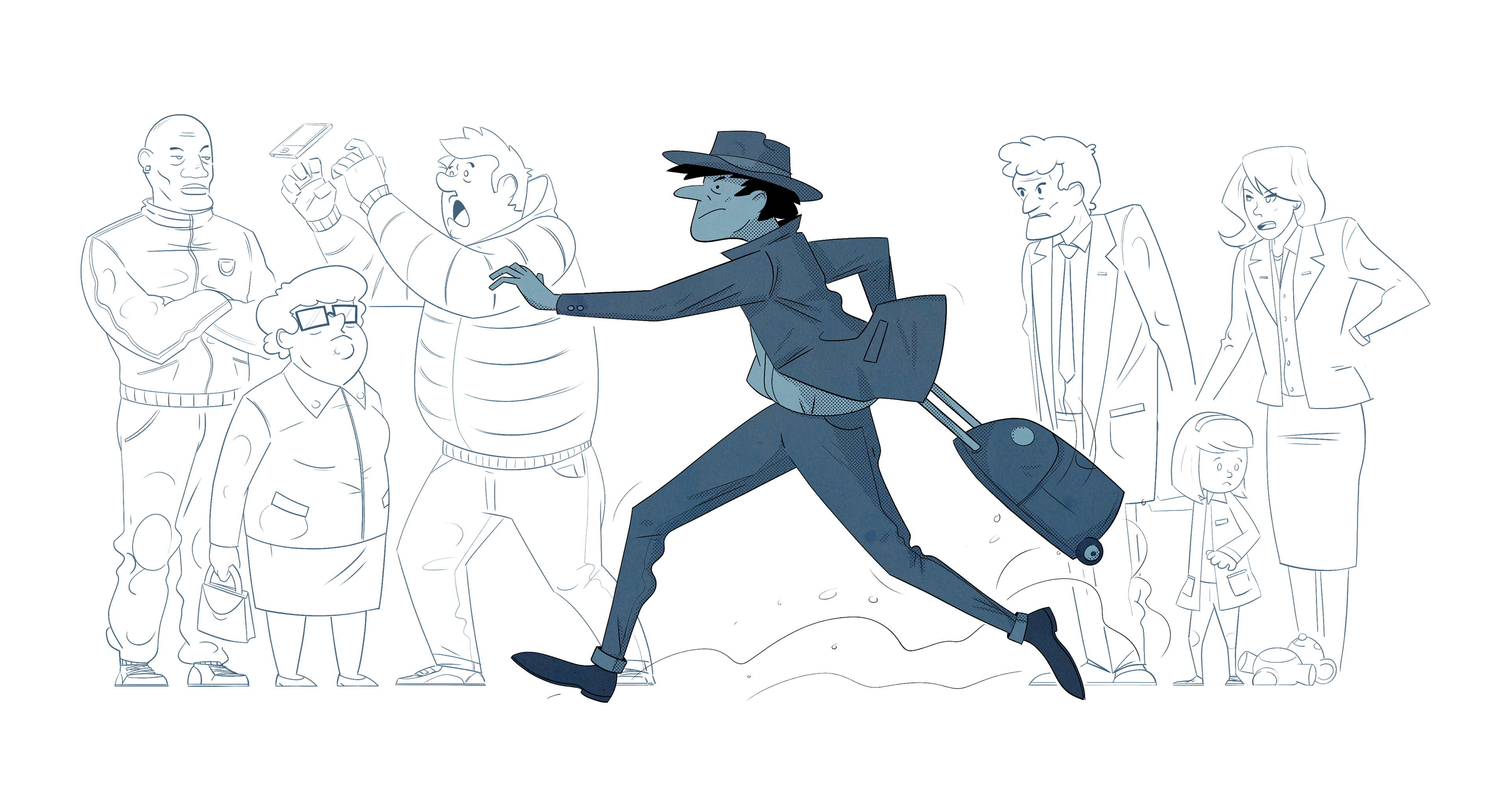 dessin d'un homme pressé en costume bleu bousculant les gens