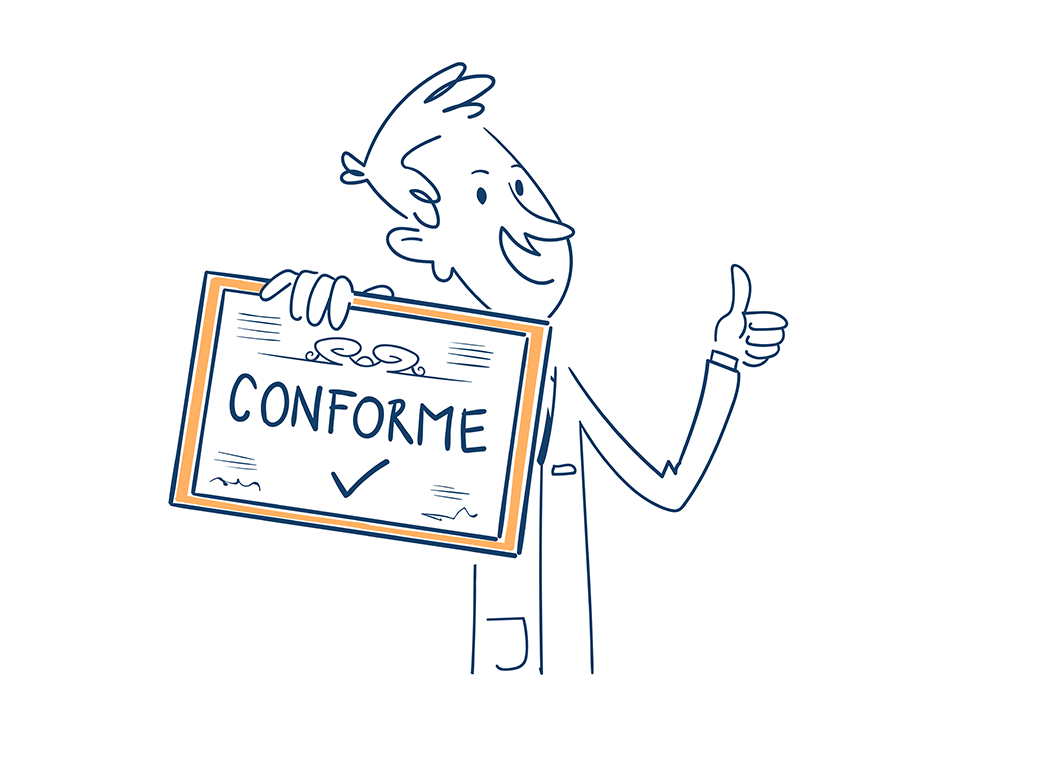 dessin d'un homme en blouse tenant un écriteau conforme