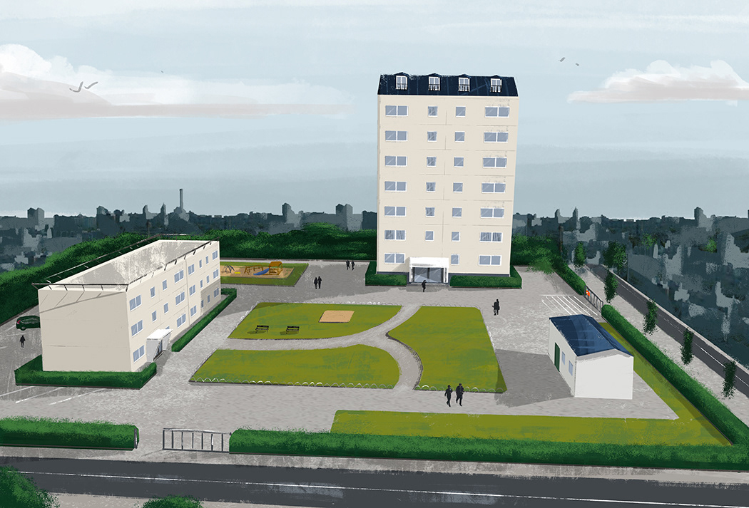 concept art d'une tour d'immeuble à paris et un parc