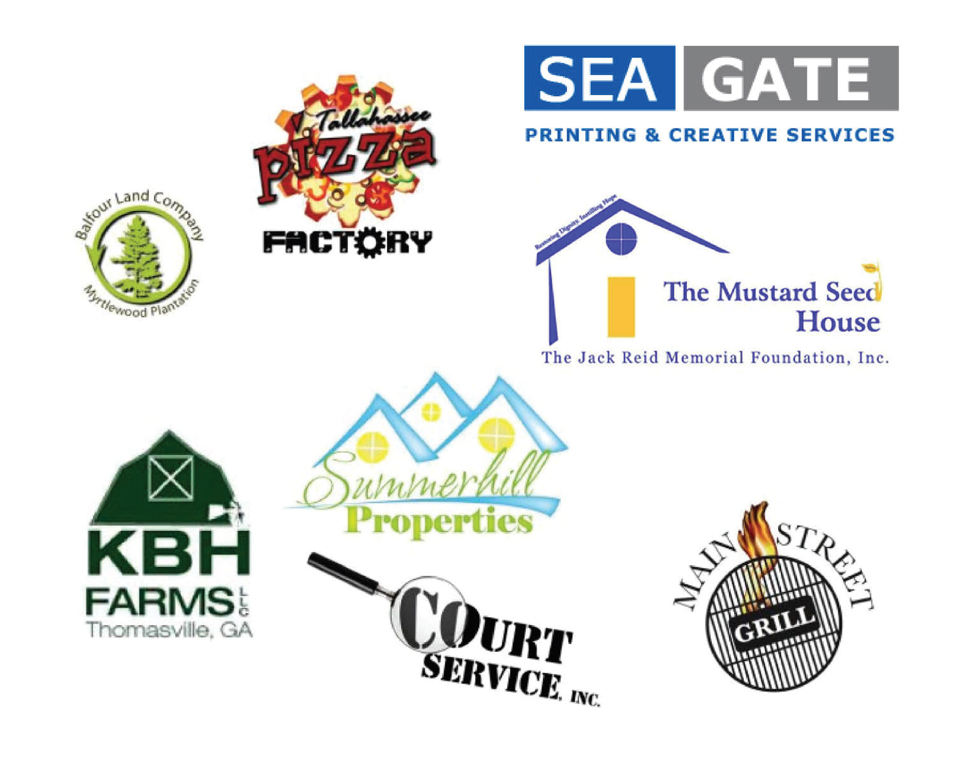 Tallahassee Pizza Factory / Logo + Menu / Tallahassee, FL / C. 2011 // Balfour Land Co., The Mustard Seed House, KBH Farms, Summerhill Properties, Main Street Grill + Court Services / Logo/ Thomasville, GA / 2010 // Sea Gate Printing / Logo, Identity Branding + Signage / Thomasville, GA / 2009