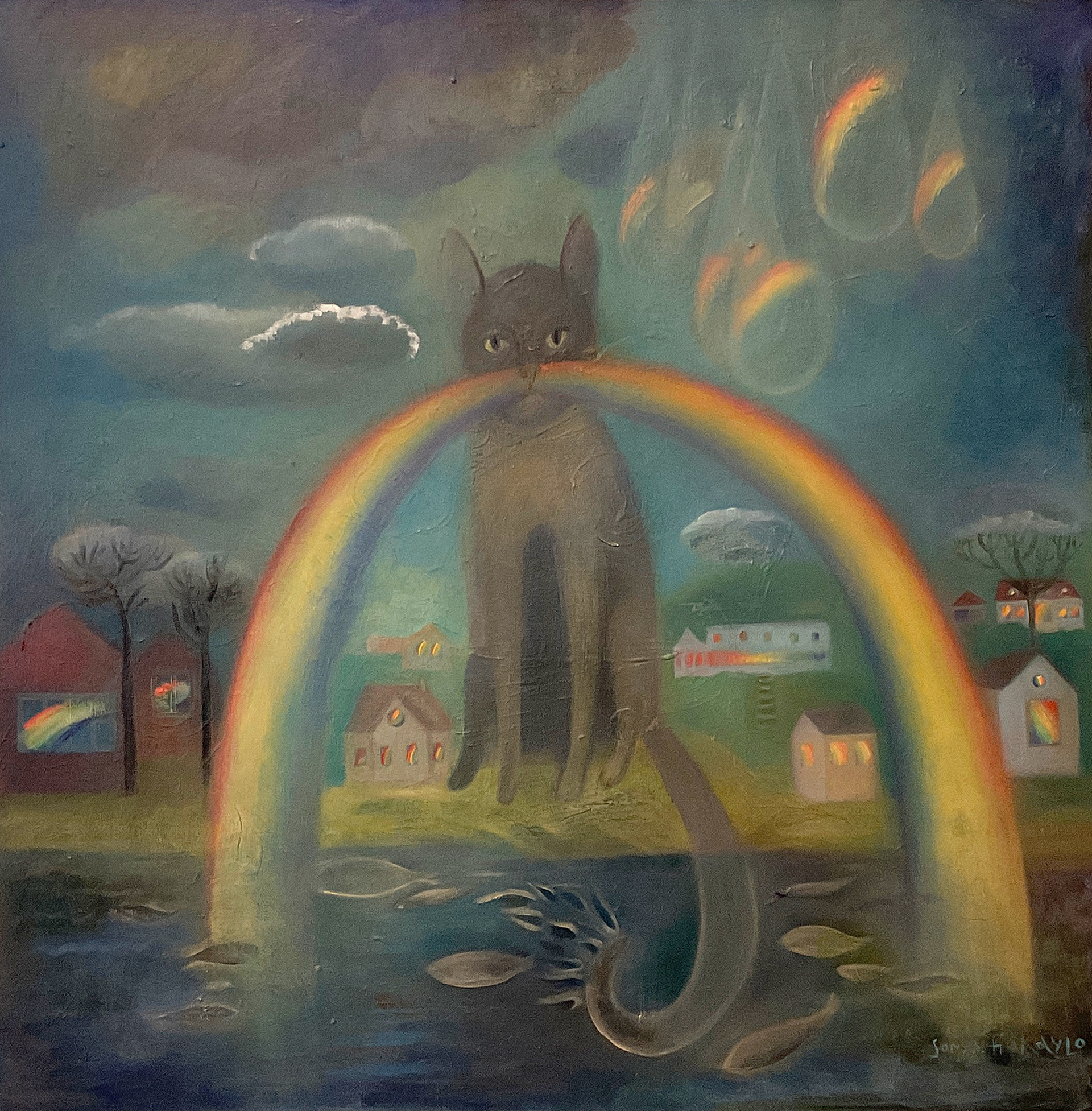 CAT OF THE RAINBOW.  Oil on canvas, 80 × 80 cm, 2026