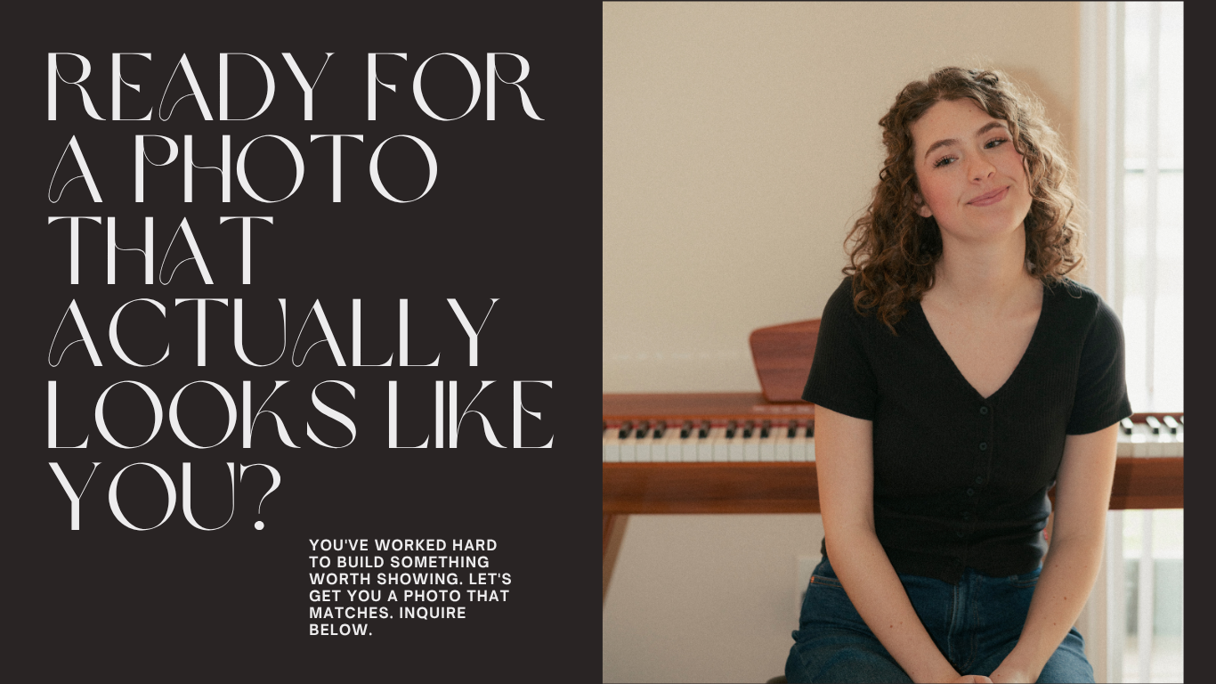 Professional female headshot sitting at piano, creative professional branding photography for musicians and artists by Kansas City photographer