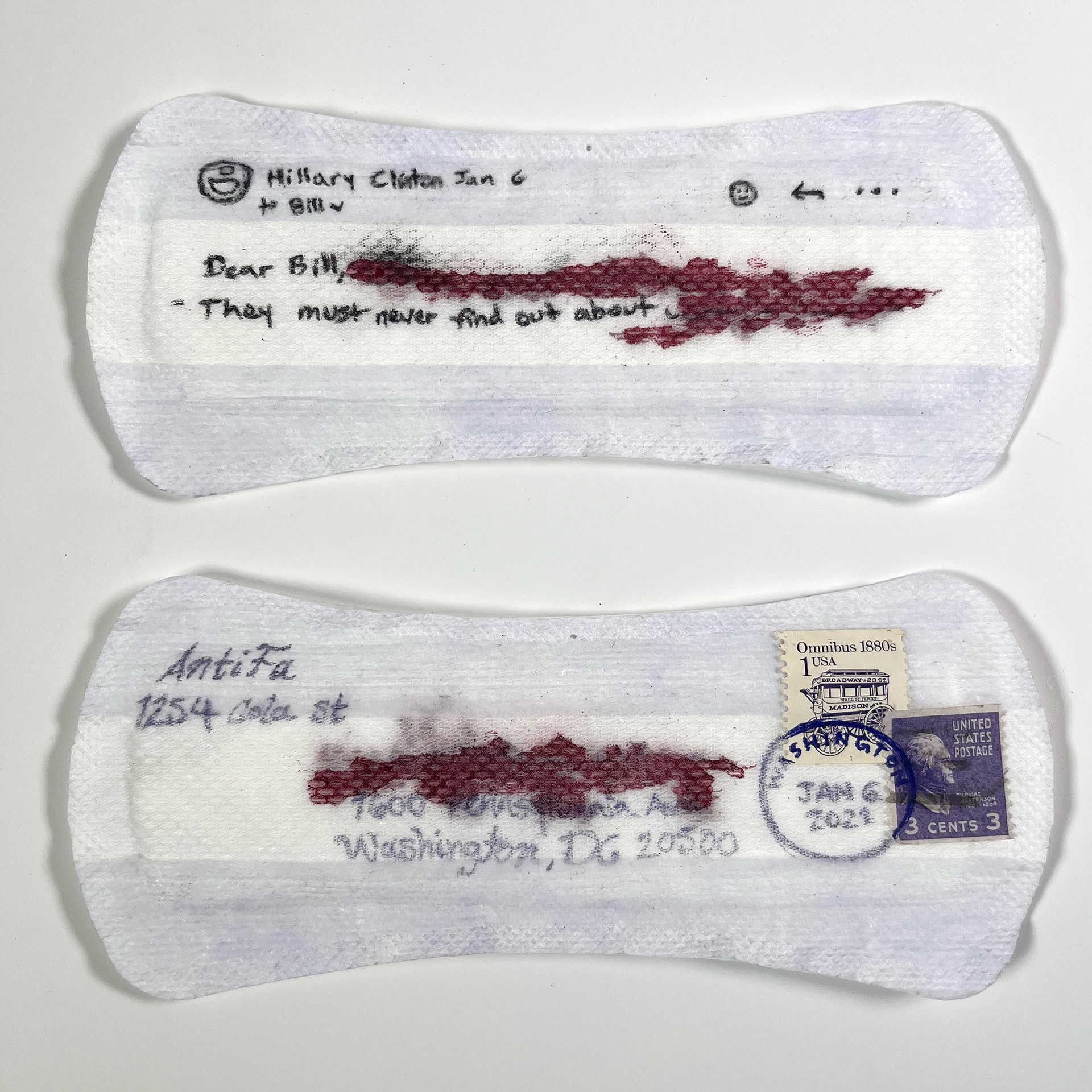 Hillary Clinton's Emails, Destiny Turner, 2026, Ink, Sanitary Pad, Stamps