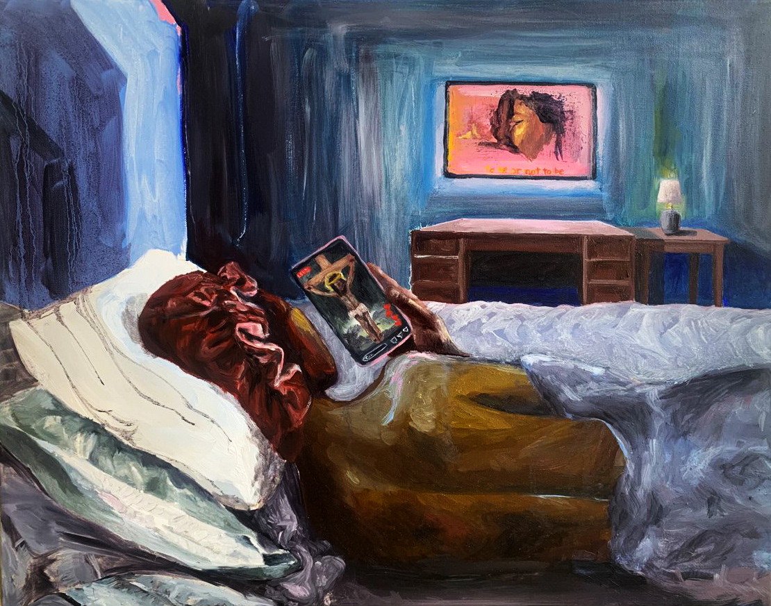 Jesus Dying For Our Sins on IG Live, 2024, Destiny Turner, Oil on Canvas, 18in x24in