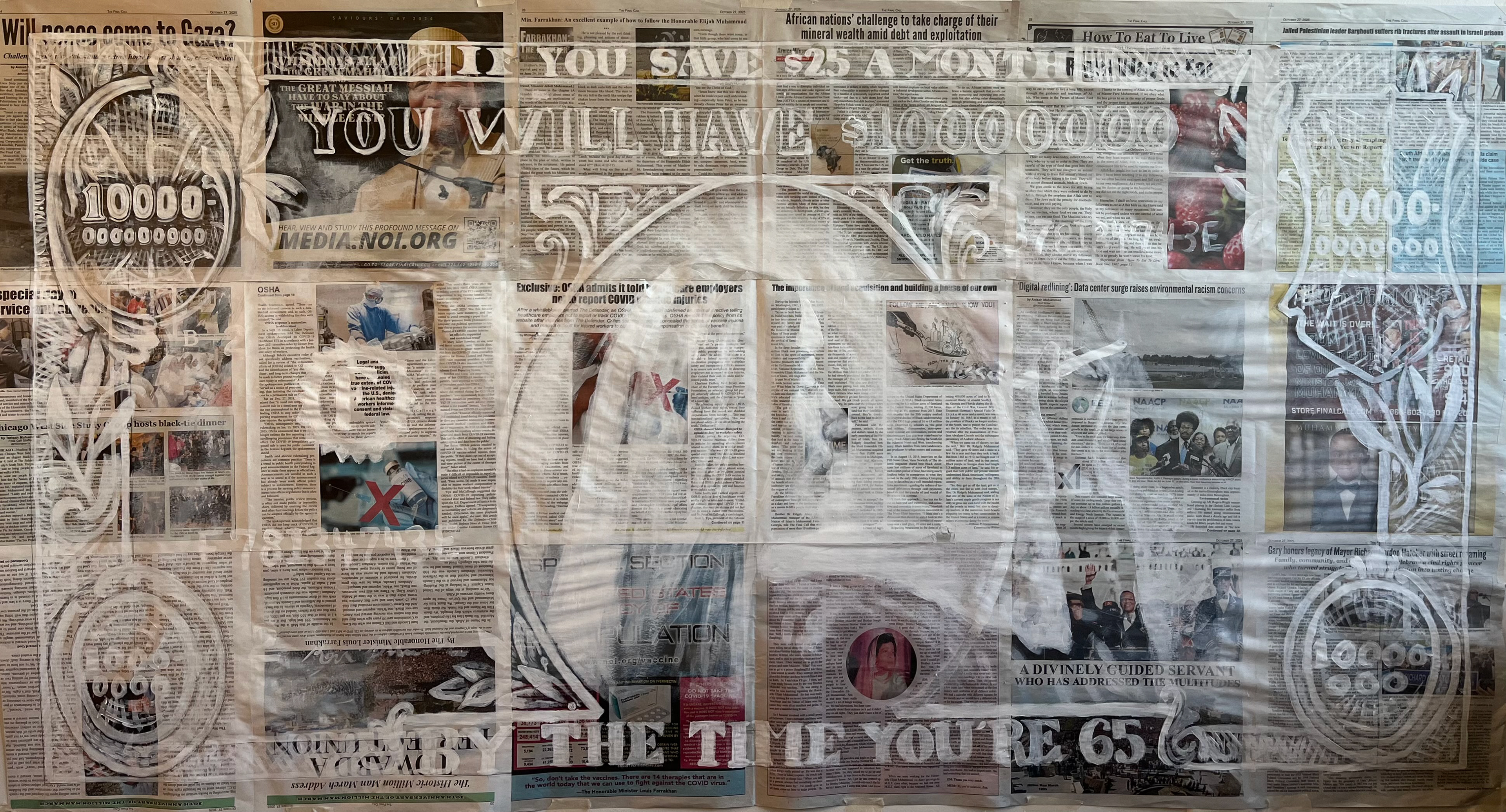 Ancestor Money, 2025, Destiny Turner, Nation of Islam Newspaper, Acrylic Paint 