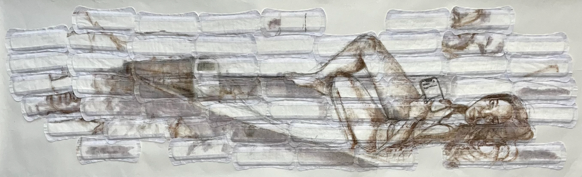 Paper Madonna, 2025, Destiny Turner, Sanitary Pads, Cigarette Ashes, Incense Ashes, Wine, Graphite