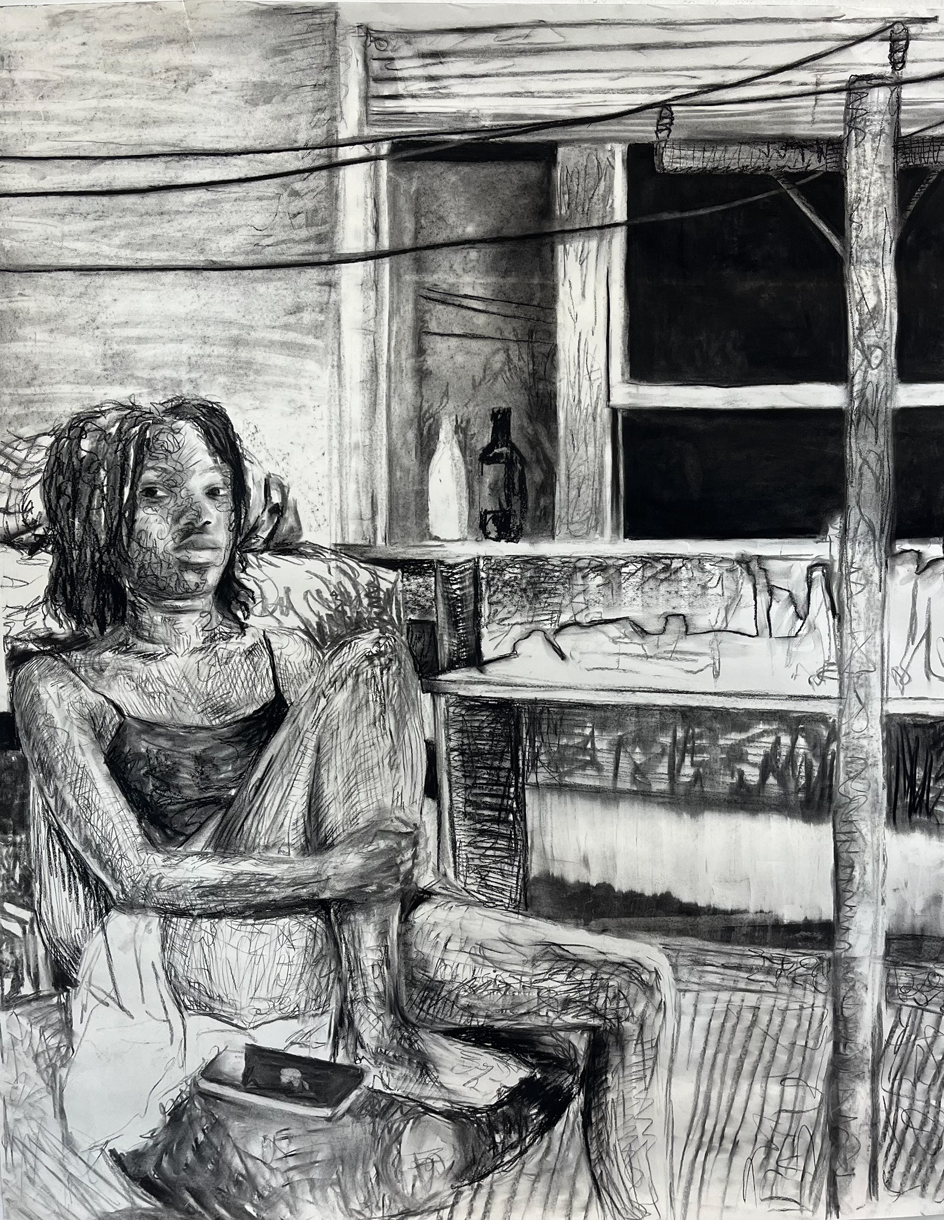 That Damn Phone, 2025, Destiny Turner, Charcoal on Paper