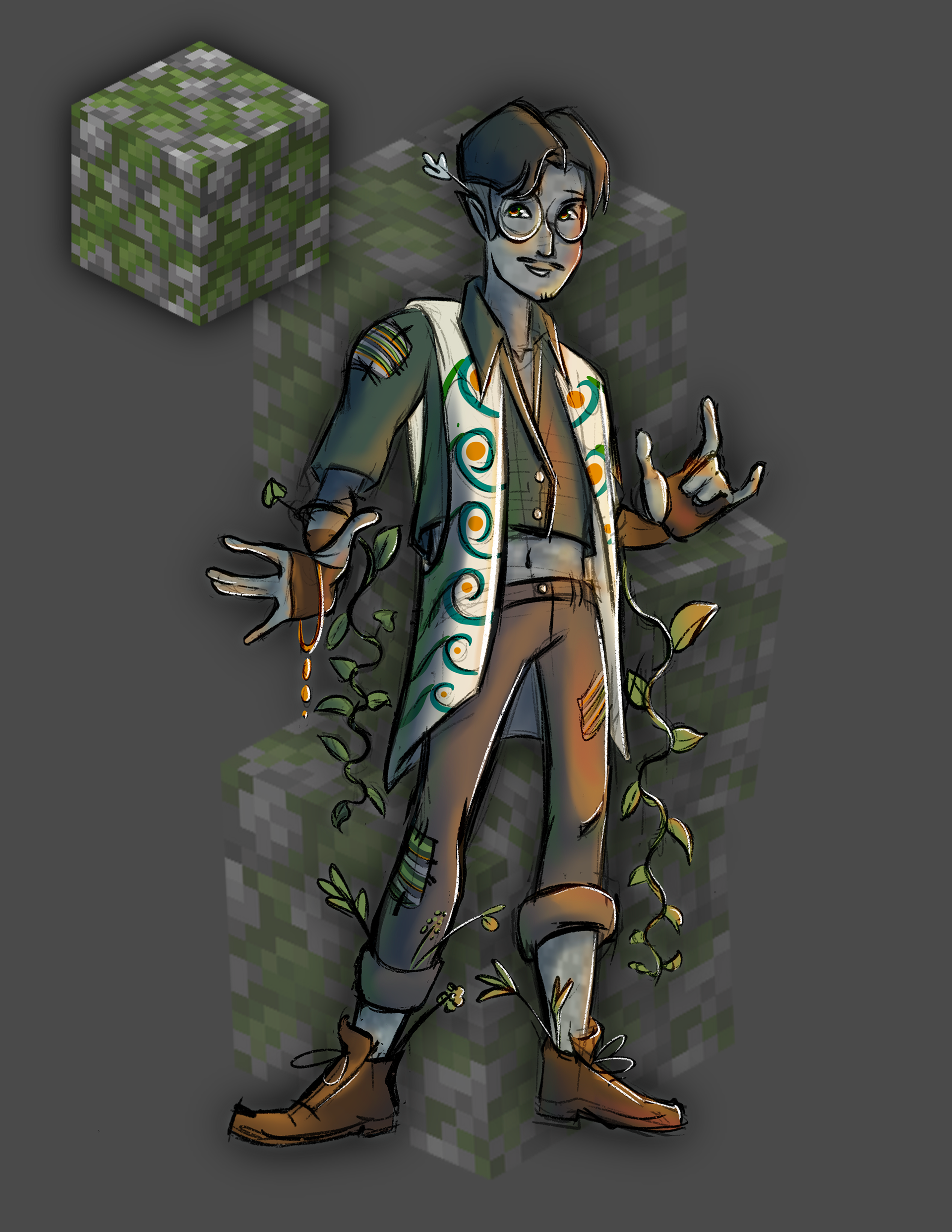 Character Design based on mossy cobblestone from Minecraft.
