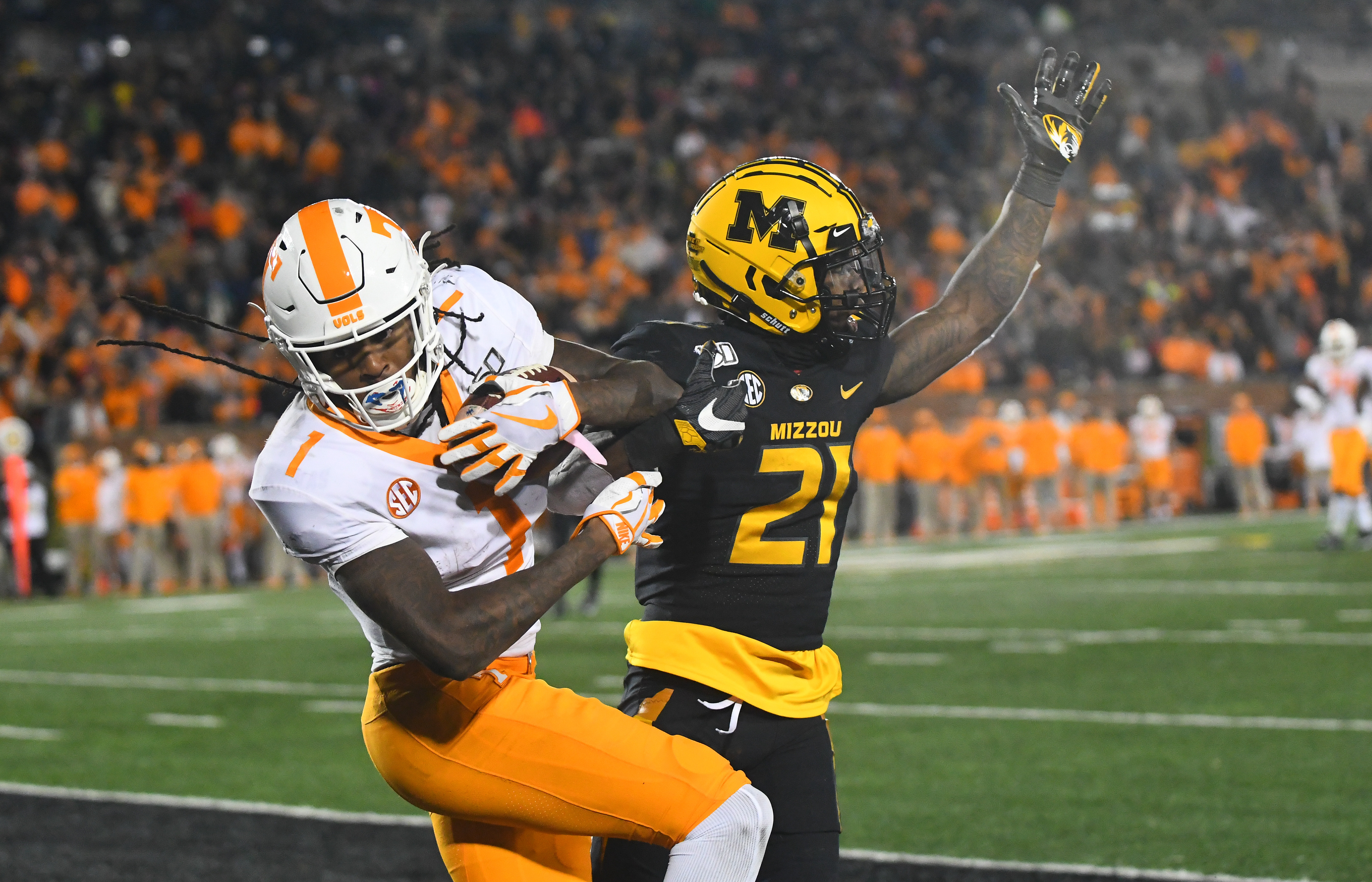Tennessee wide receiver Marquez Callaway corrals in a touchdown over Missouri defensive back Christian Holmes as the University of Missouri takes on Tennessee Saturday, November 23, 2019 on Faurot Field. Holmes was called for pass interference on this play as well as three other times throughout the game.