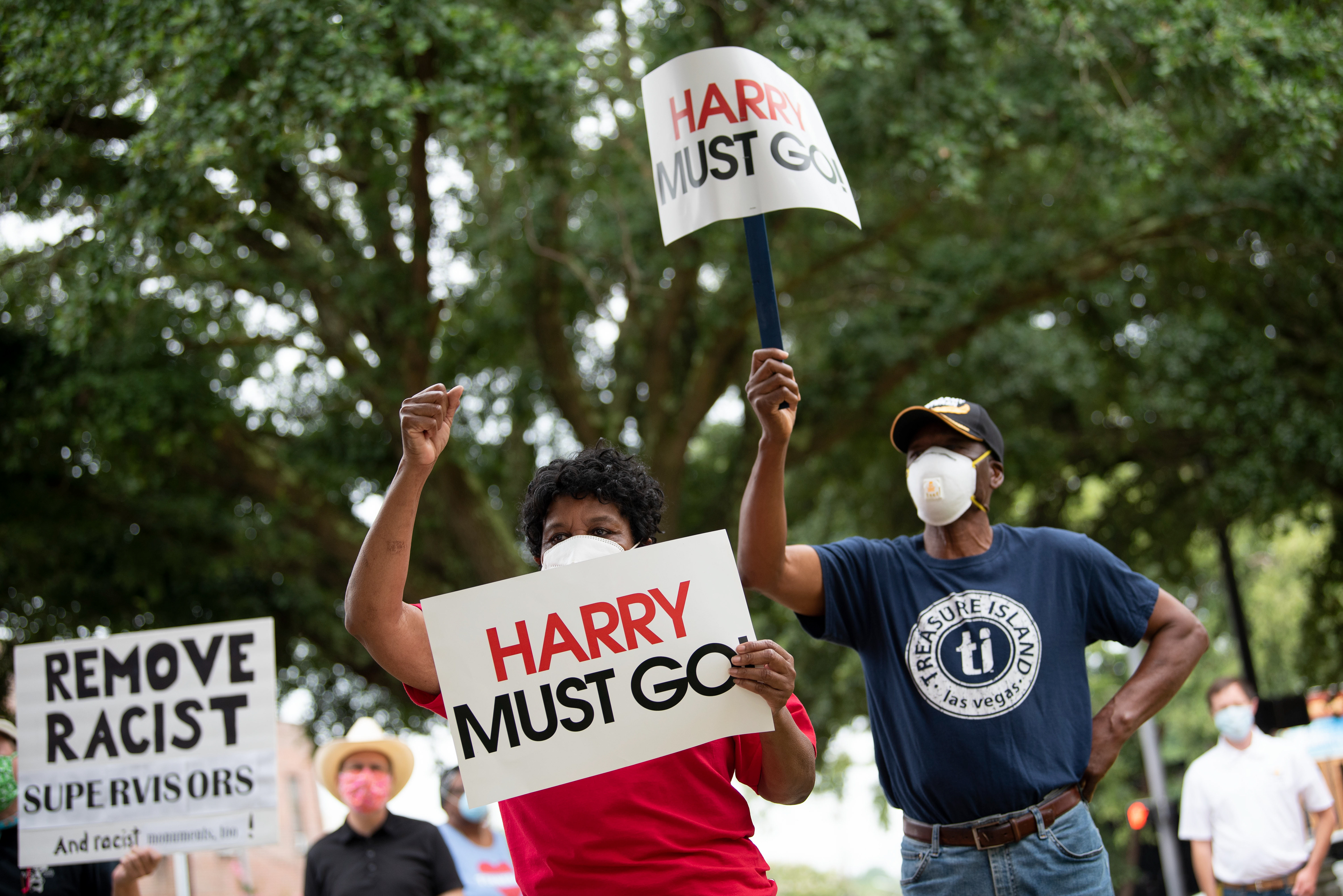 Ethel Stewart and Johnny Stewart chant during a protest demanding District 1 Supervisor Harry Sanders’ resignation on Monday, July 6 outside the Lowndes County Courthouse. Ethel is on the Columbus City Council for Ward 1.