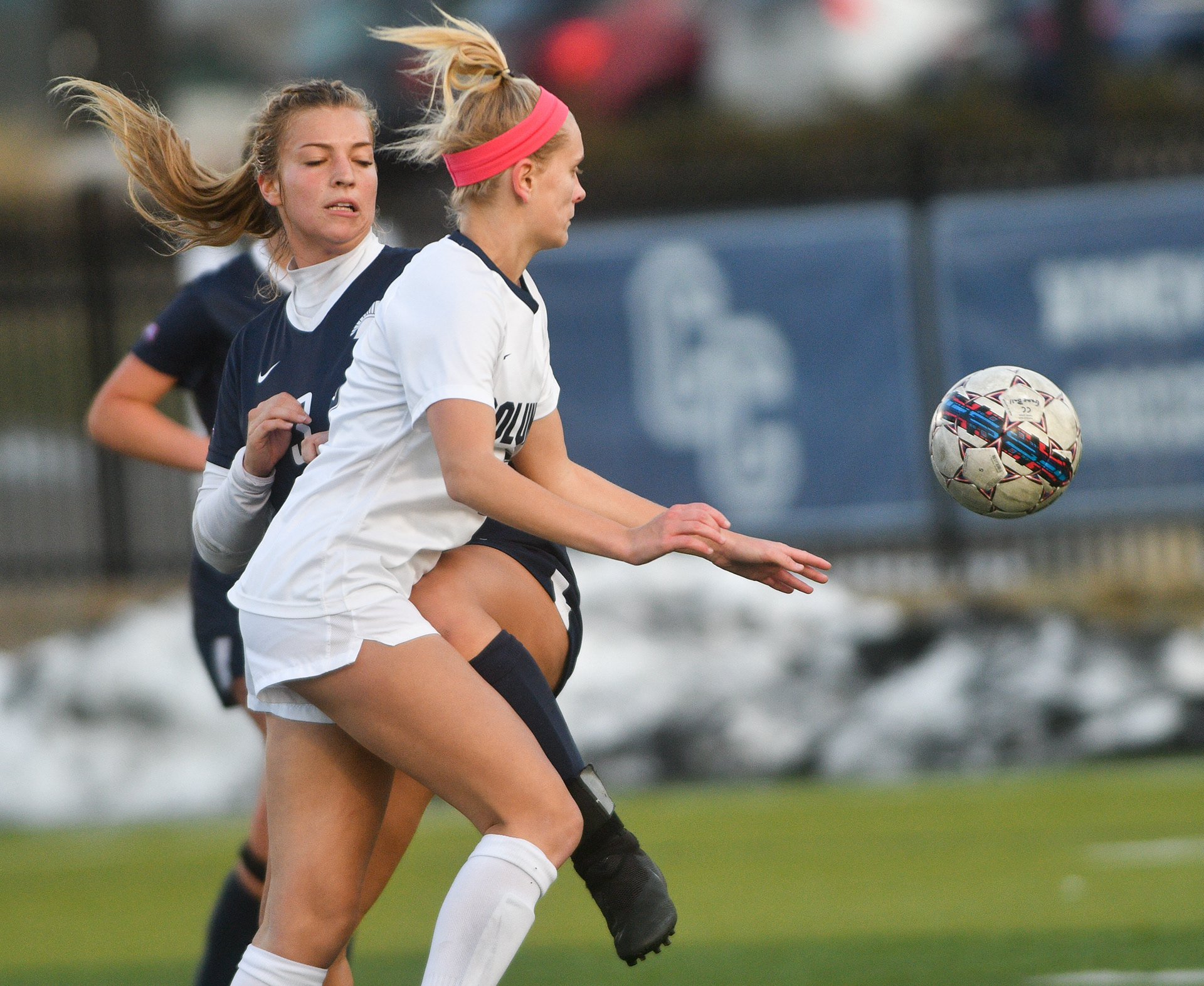 Columbia College midfielder Jewel Moreland is blocked by Missouri Baptist University defender Brianna Merchant during the AMC Championship Finals Thursday, Nov. 14, 2019 at Marvin Owens Stadium. Moreland was awarded the Freshman of the Year honors, the sixth player in program history to receive it.
