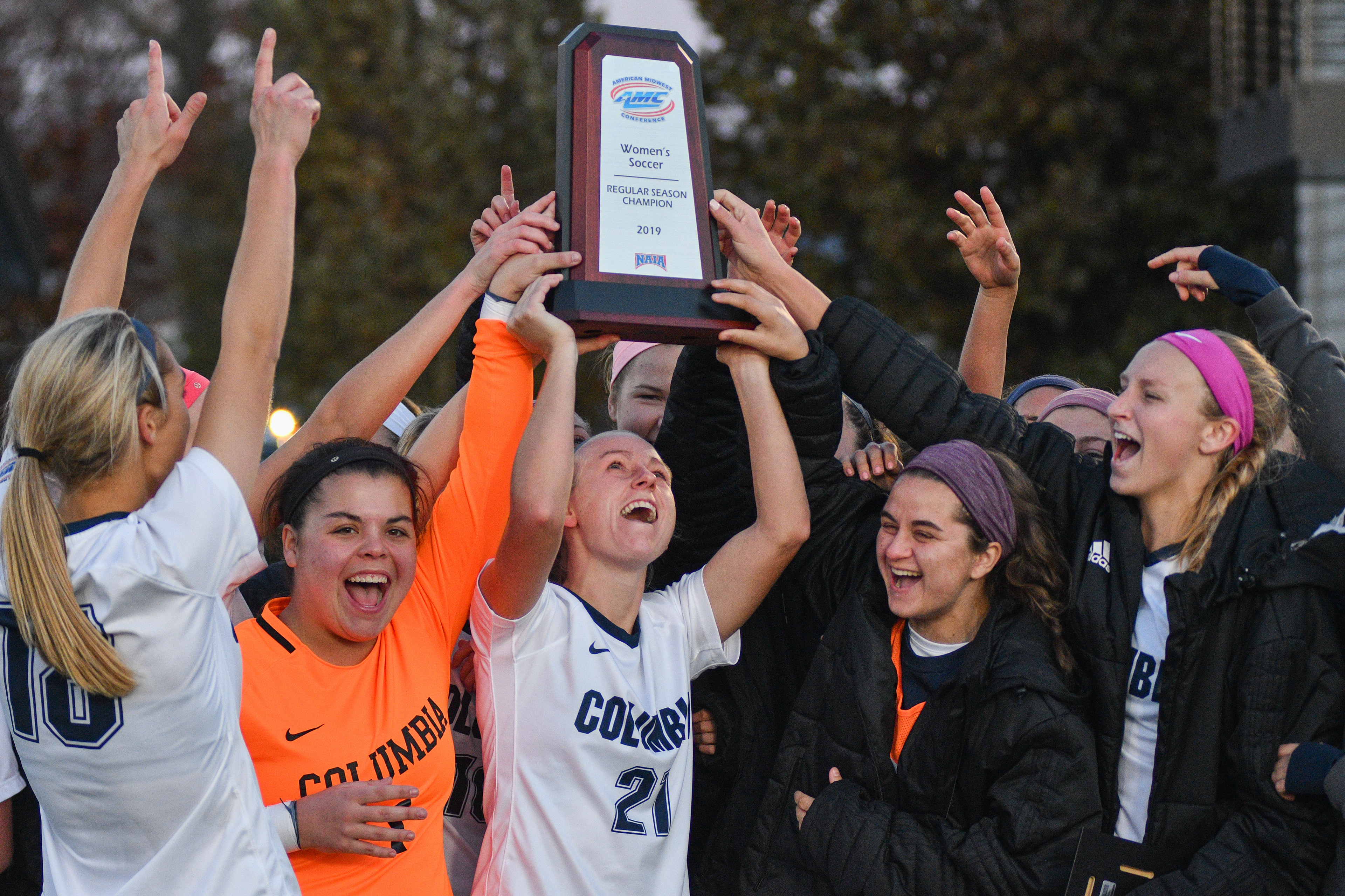 The Columbia College women's soccer team celebrates its win against third seed Missouri Baptist University in the AMC Women's Soccer Championship Final Thursday, Nov. 14, 2019 at Marvin Owens Stadium. The Cougars will find out their NAIA Opening Round location and opponent on Monday, November 18.