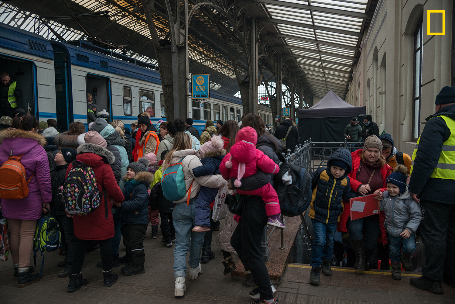 Trains have been made free of cost for citizens since the commencement of the war. However, only women, children and the elderly are allowed to leave the country.