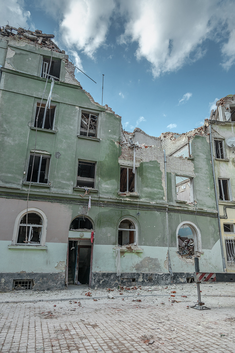 The exterior of the destroyed building in Lviv aftermath of a Russian missile. Missiles hit a four-story apartment building, destroying part of the upper floors. According to the Office of the UN High Commissioner for Human Rights, as of December 2023, 24 people were killed, and 94 have been injured as a result of missile strikes on civilian objects.