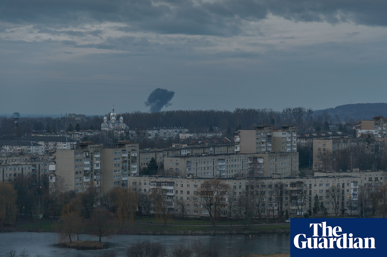 Smoke rises from the impact of a missile that struck a residential area in western Ukraine during a massive missile attack on the morning of December 29, 2023. Russia launched 110 missiles at Ukraine.