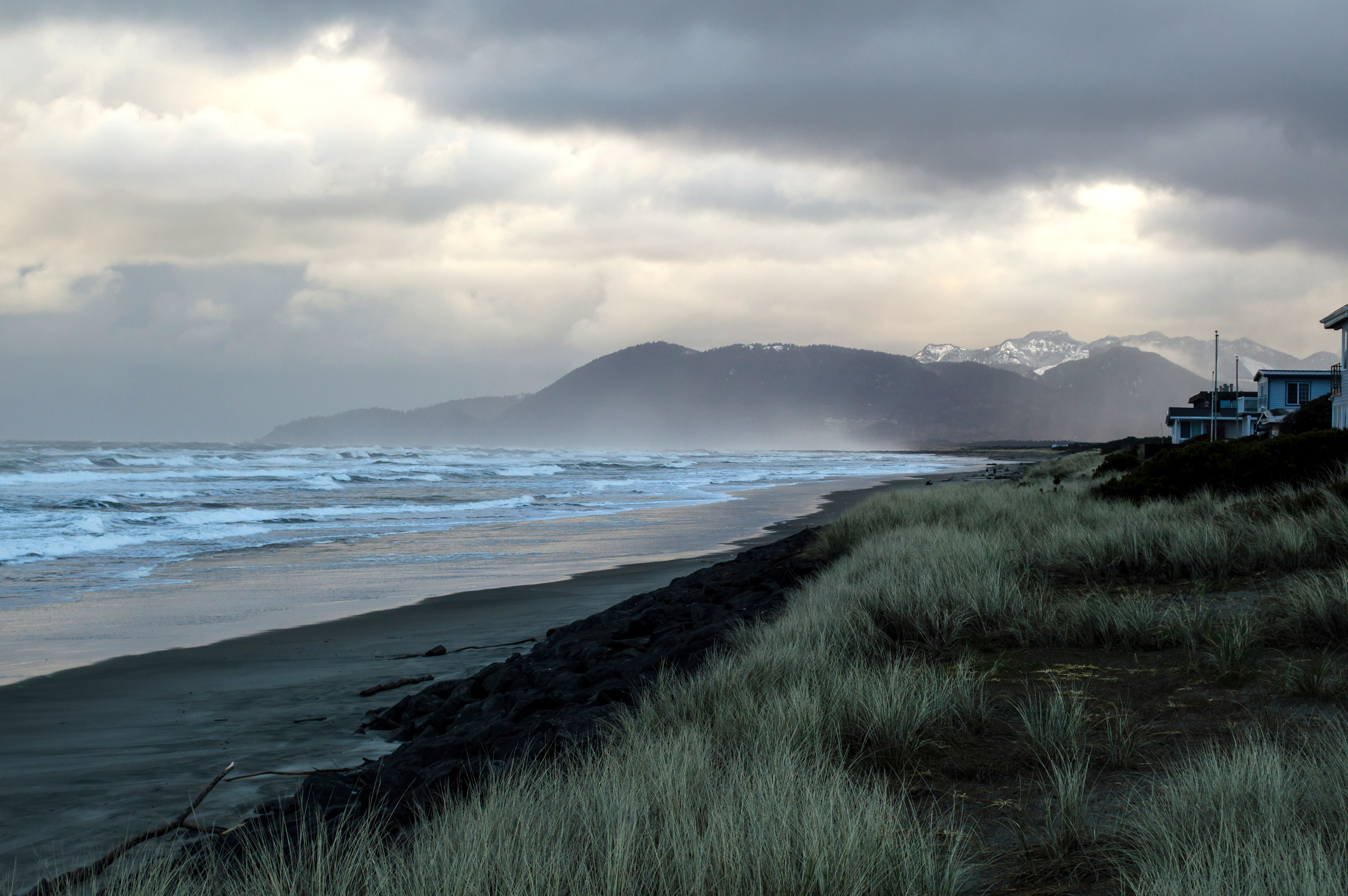 Rockaway Beach view looking north in March, 2017. Snow to be seen.
