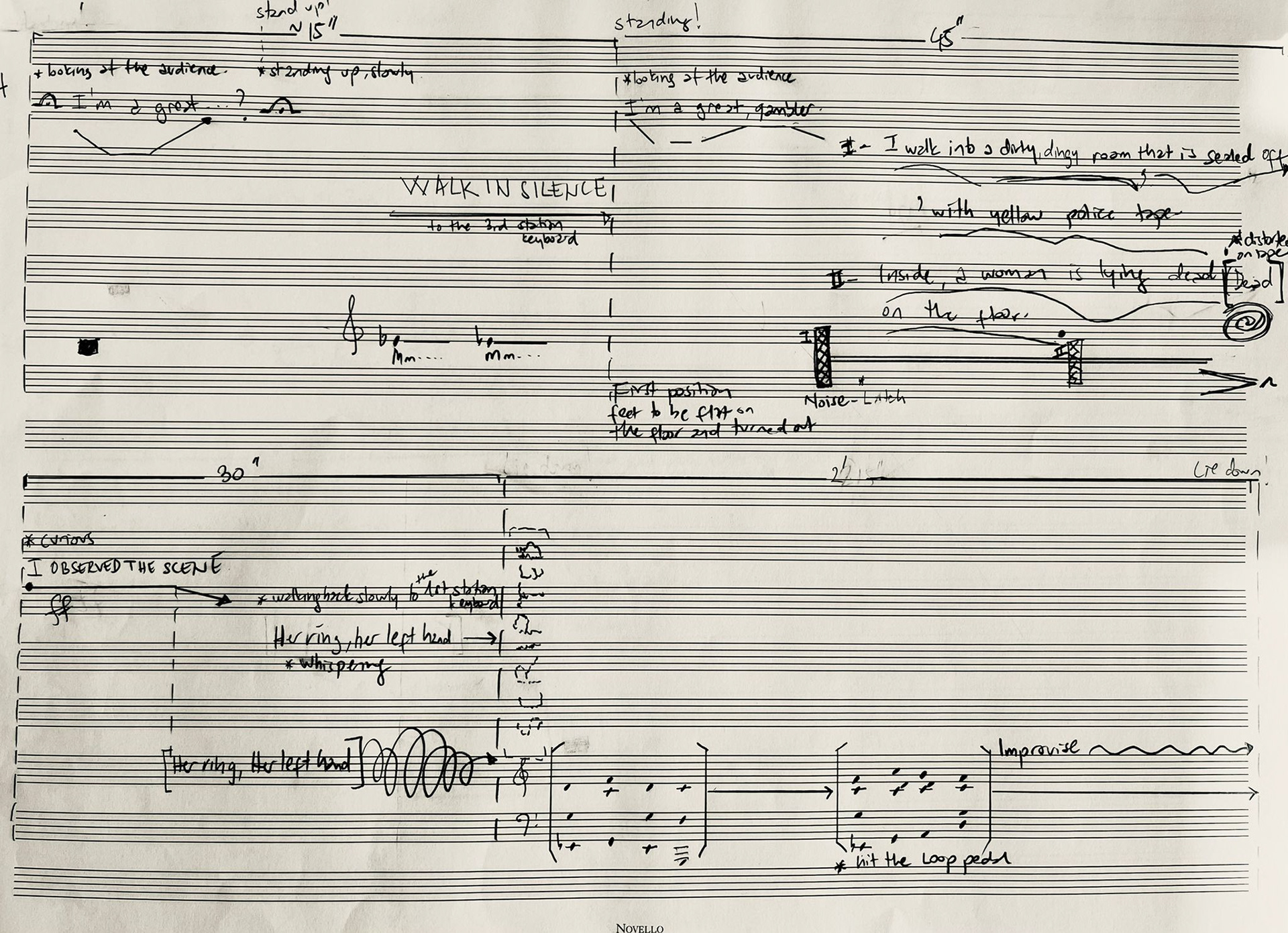 Graphical scores composed by jazz musician Selen Gülün, inspired by İrem Günaydın’s text “Fourth Table also known as the Bastard.” Created on the occasion of the exhibition “Scripted Expanded Molded I,” these scores were performed live as part of the exhibition, translating the written work into musical notation and temporal experience.