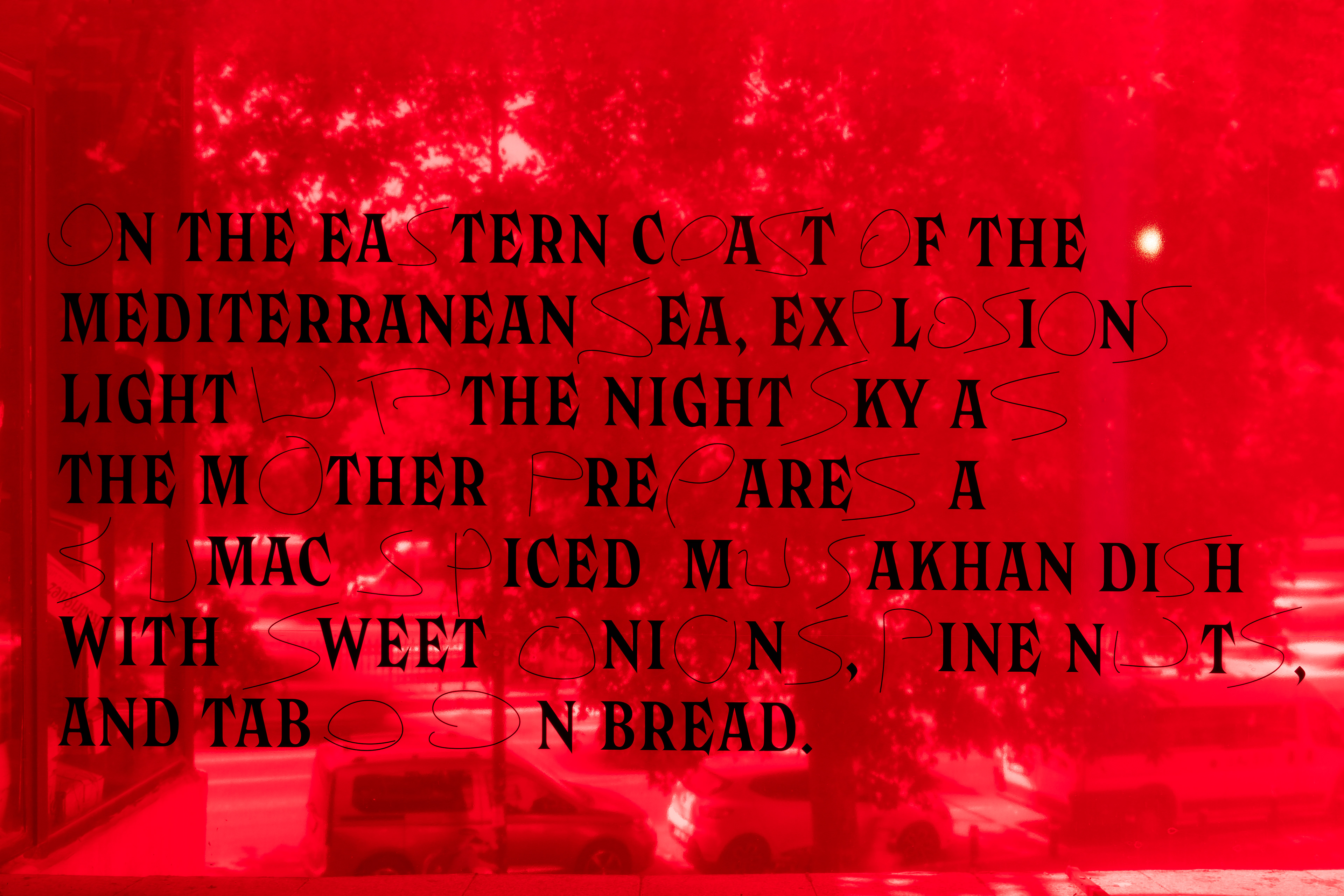 ON THE EASTERN COAST OF THE MEDITERRANEAN SEA, EXPLOSIONS LIGHT UP THE NIGHT SKY AS THE MOTHER PREPARES A SUMAC SPICED MUSAKHAN DISH WITH SWEET ONIONS, PINE NUTS, AND TABOON BREAD.