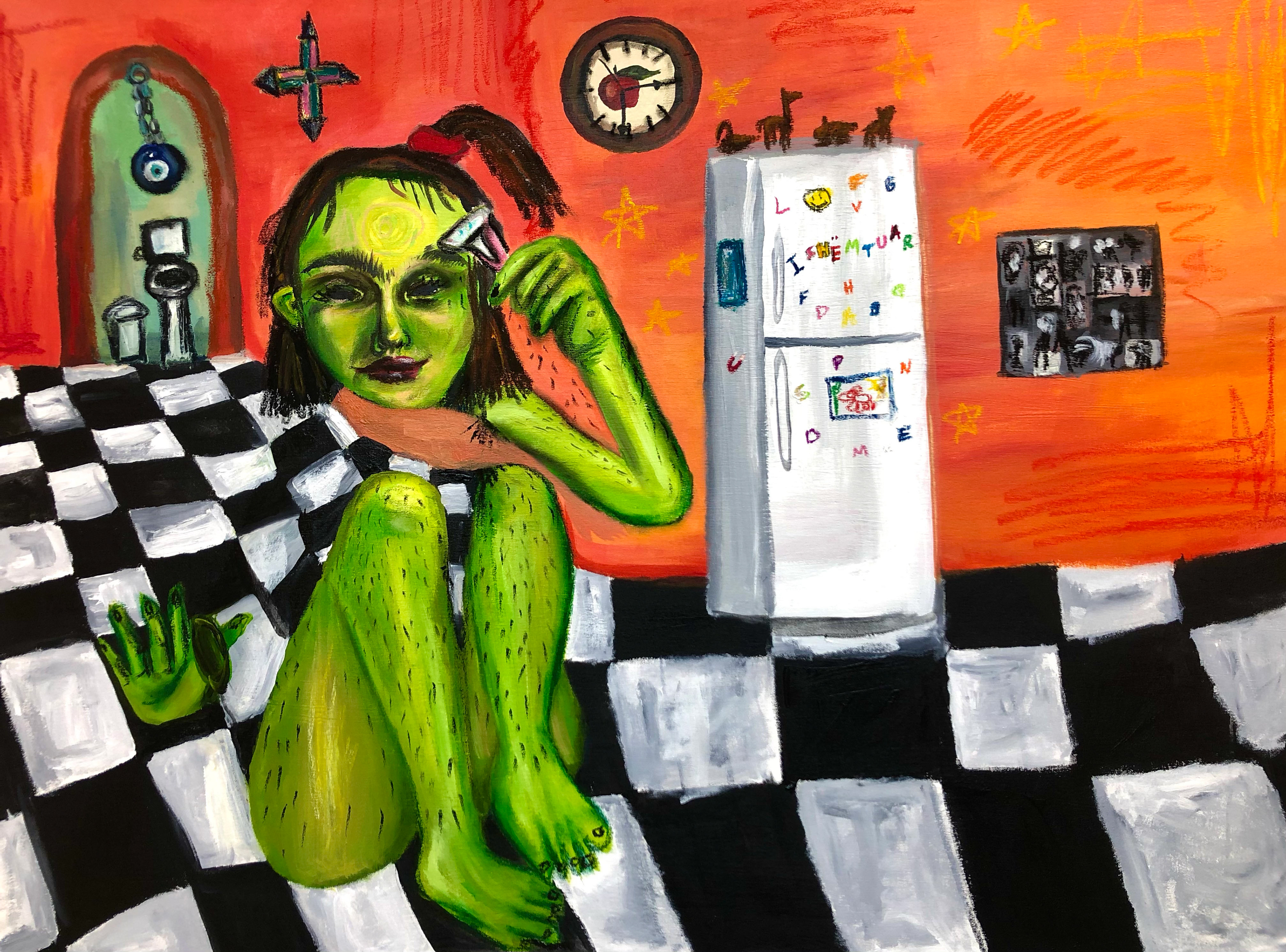 "When Bora Shaved Her Shqiptare Away", 2020, acrylic + oil pastel on unstretched canvas, 37 x 49"
