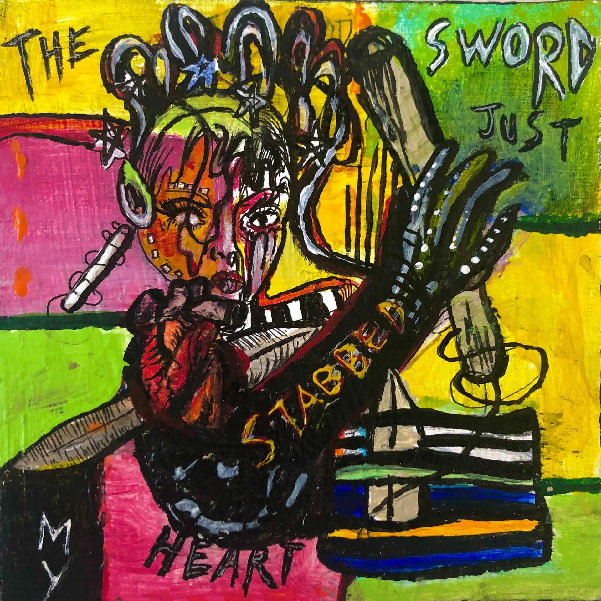 "The Sword Just Stabbed My Heart", 2019, acrylic on canvas panel. 6 x 6"
