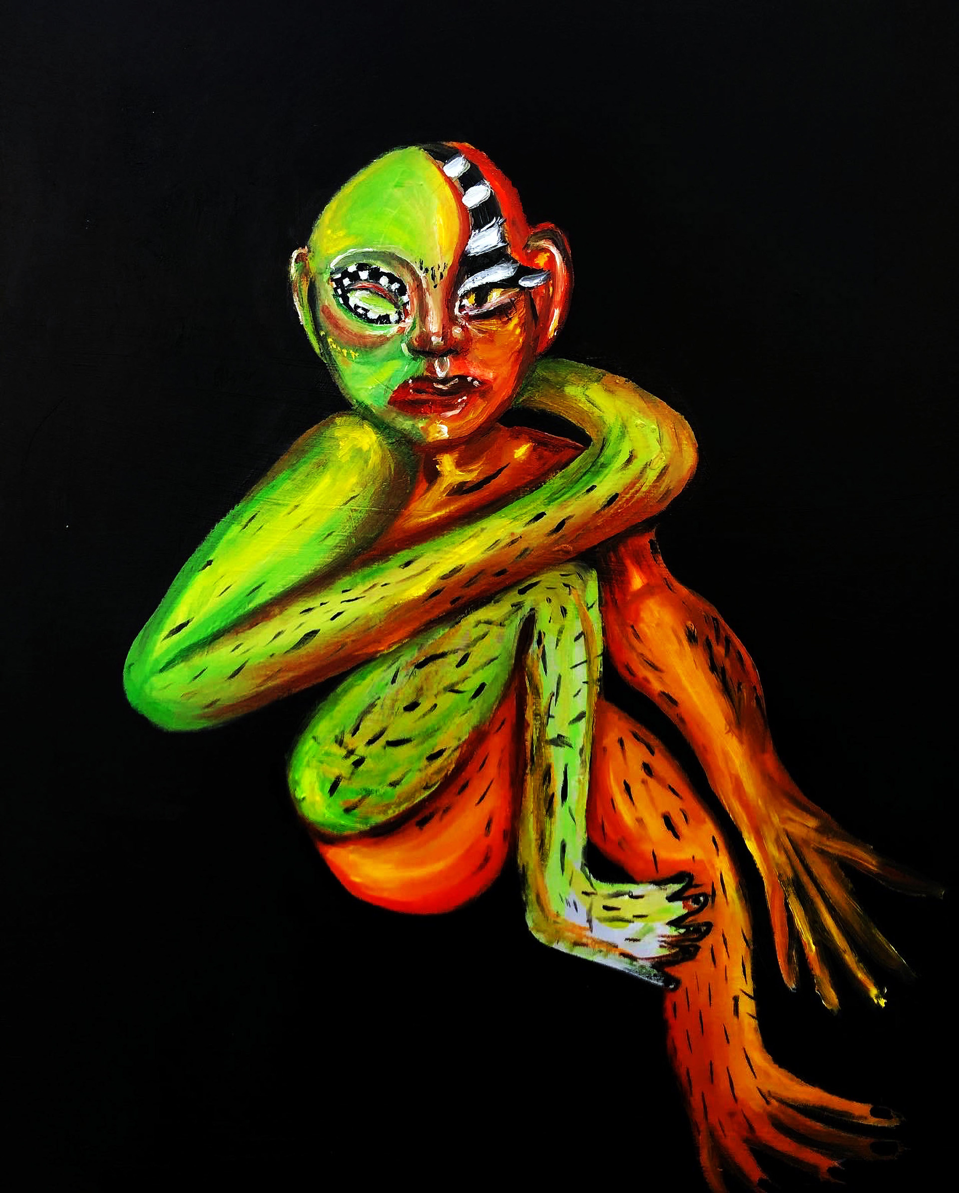 "how i look on the gram minding my business while offending ppl w/ my body hair", 2020, oil on wood panel, 25.5 x 30"