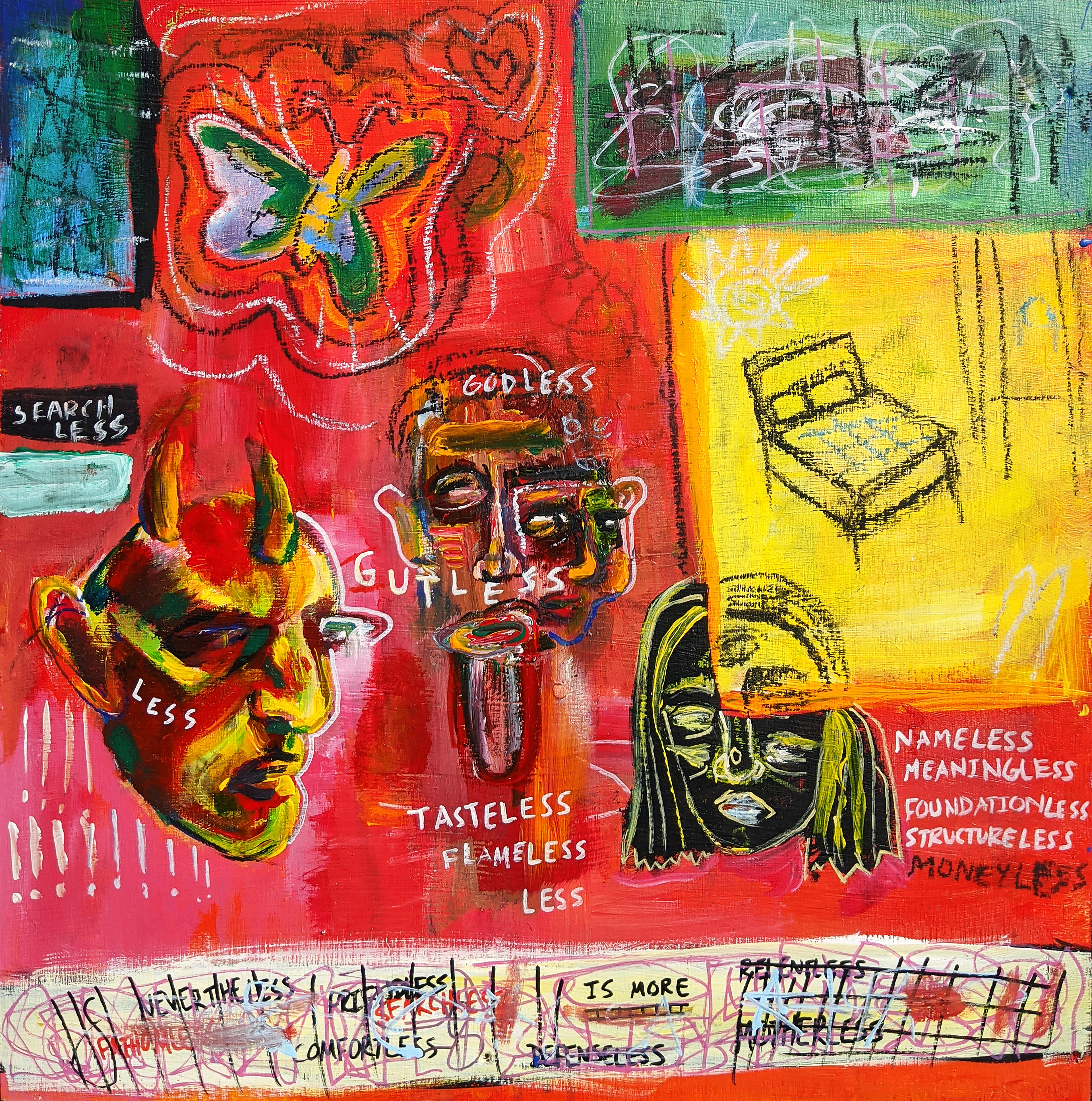 "gutLESS" 2019, acrylic + oil pastel on wood panel, 15 x 15"