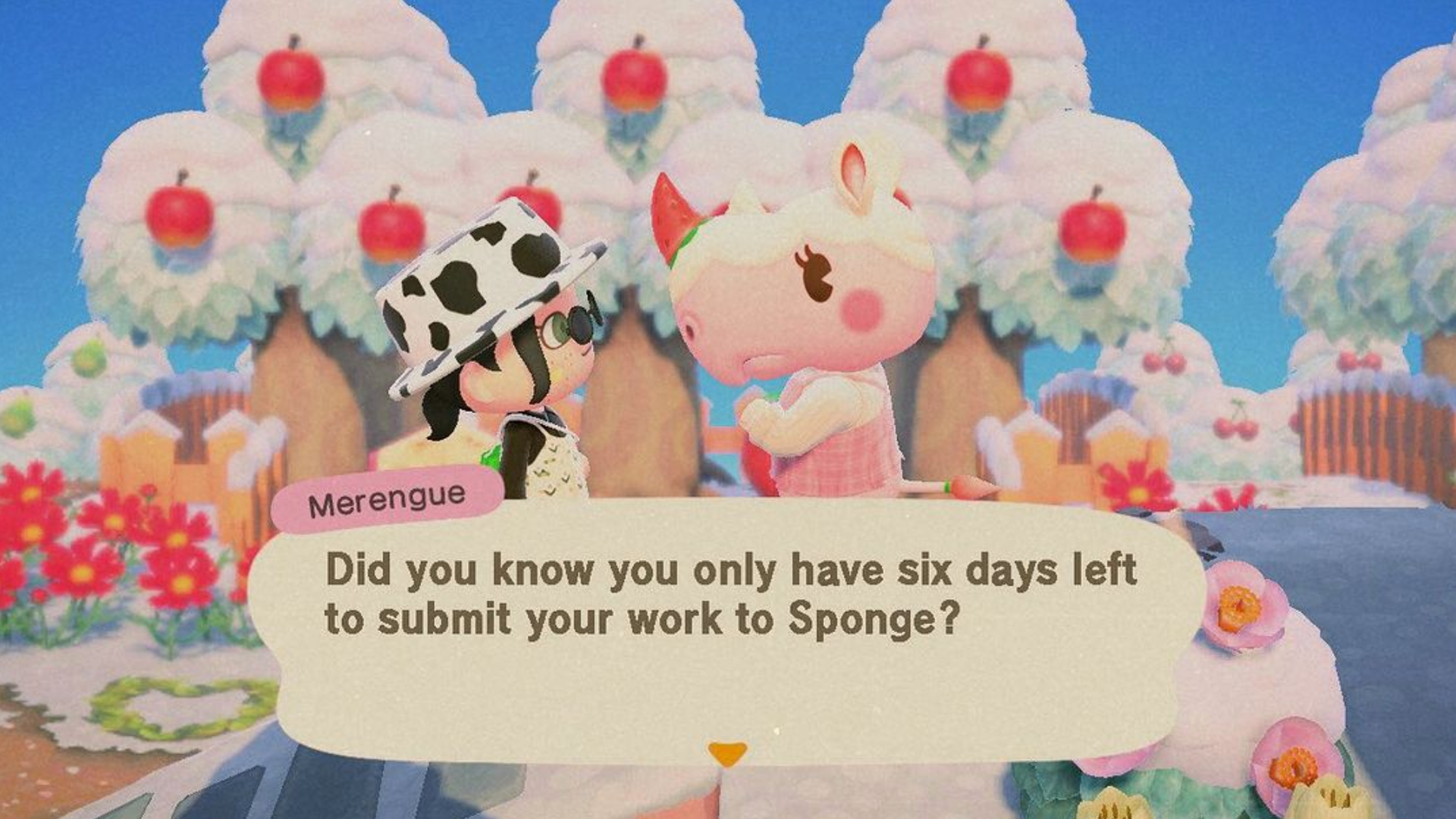 Sponge call for submissions promo flyer, 2021, Animal Crossing New Horizons screenshot, manipulated digitally through Photoshop
