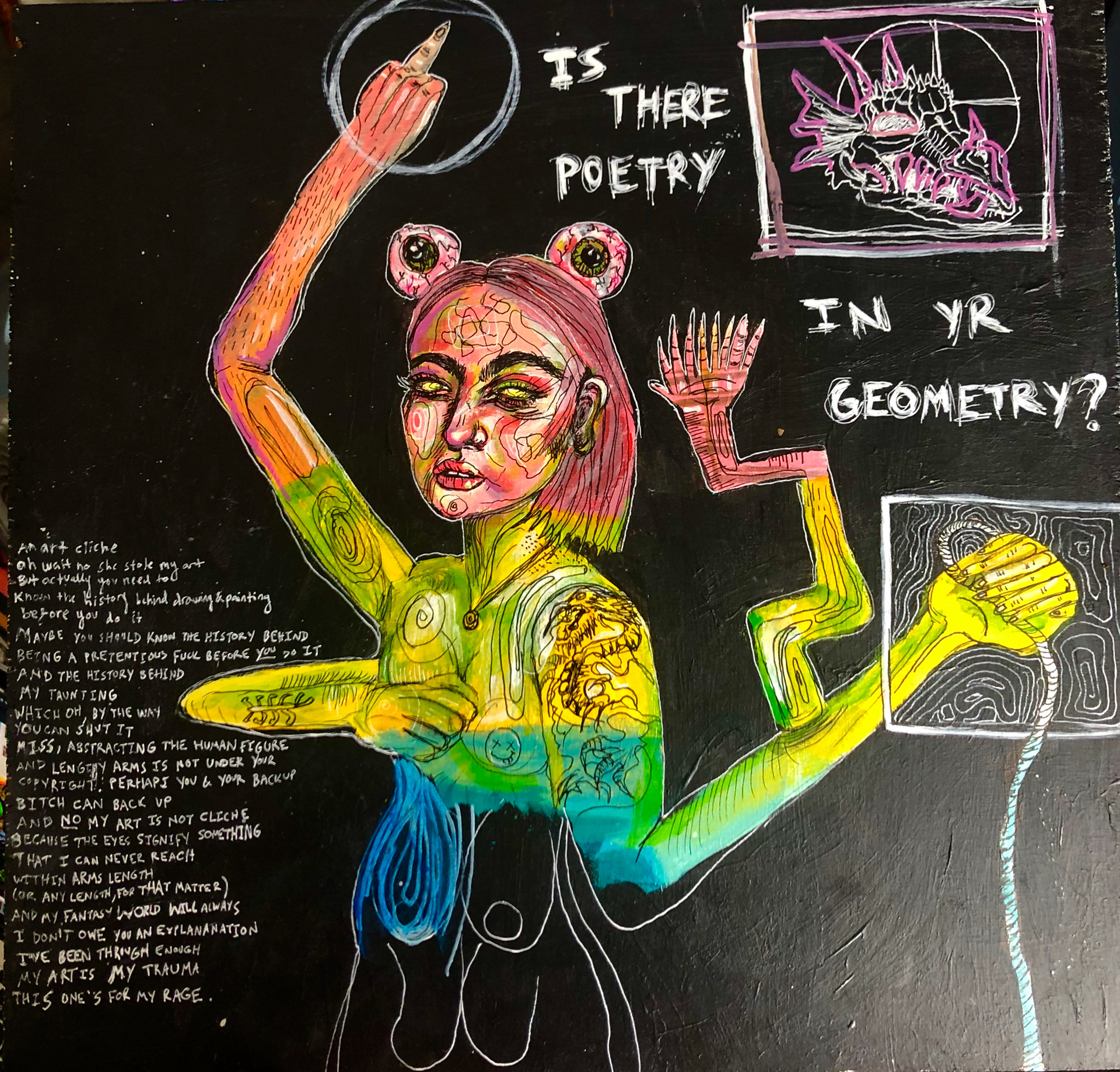 "Untitled", 2019, acrylic + pen on wood panel, 12 x 12.5"