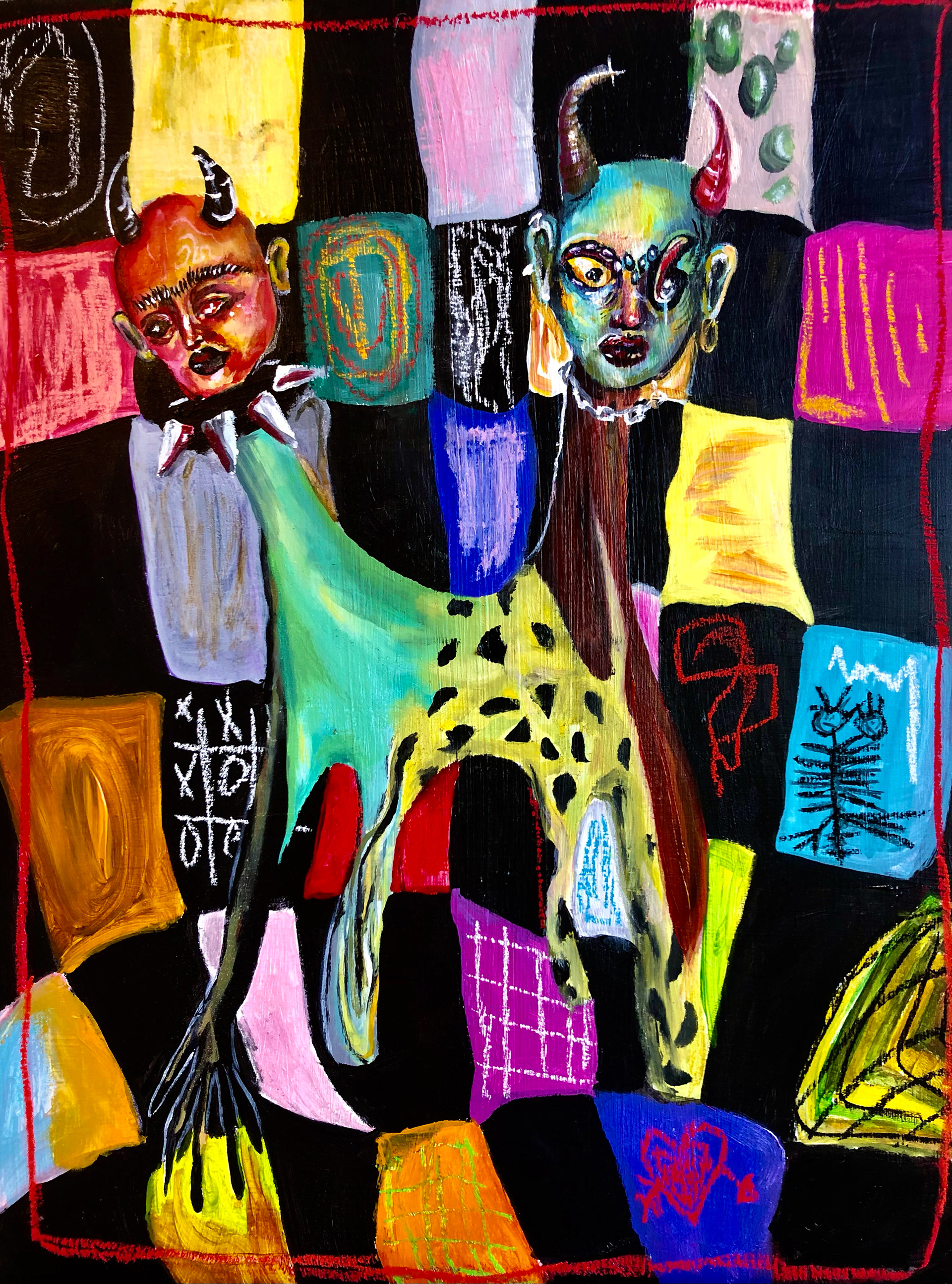 "ambidextrous" 2020, acrylic, oil, + chalk pastel on canvas