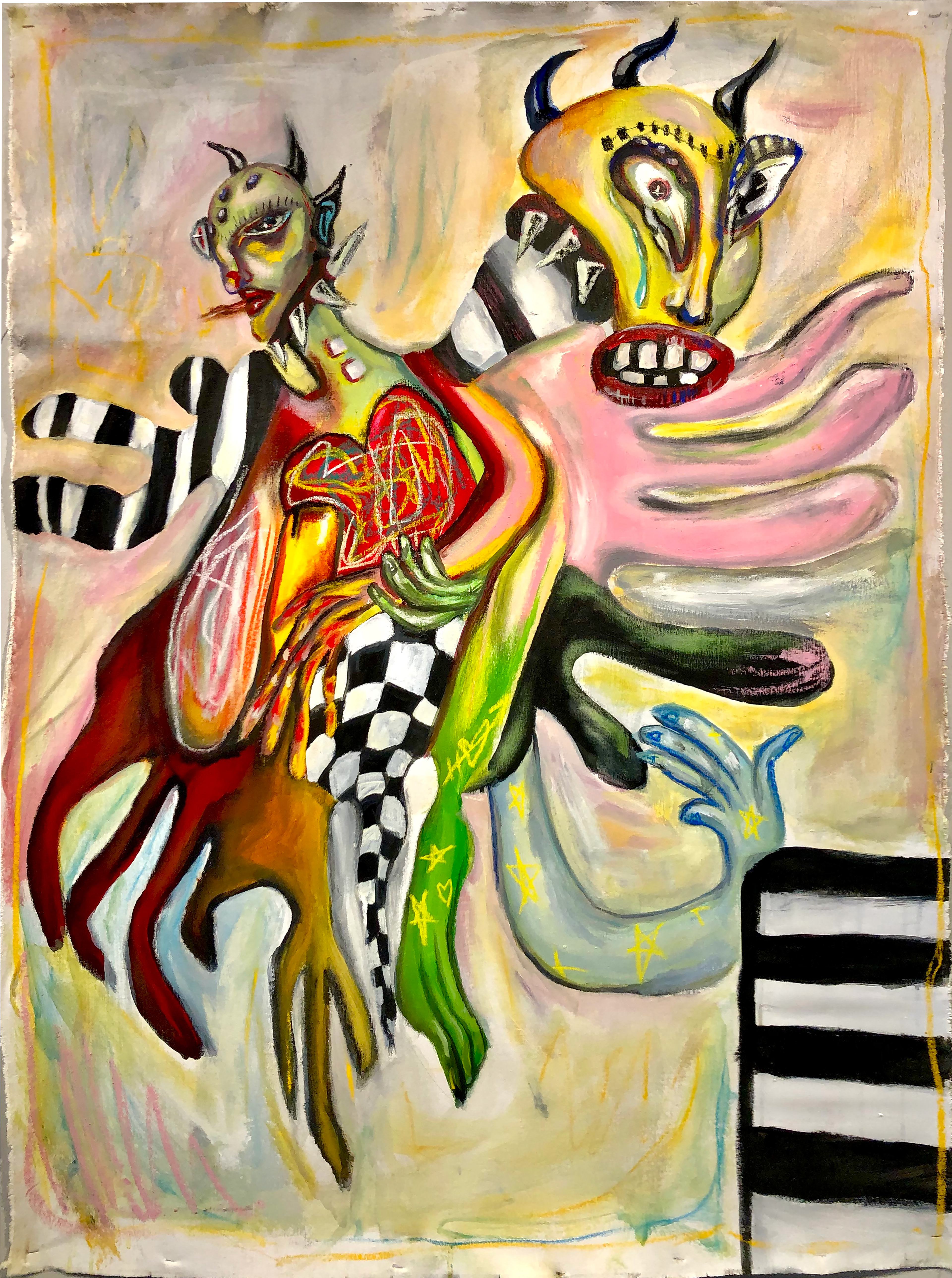 "head vs head" 2020, acrylic + chalk pastel on unstretched canvas