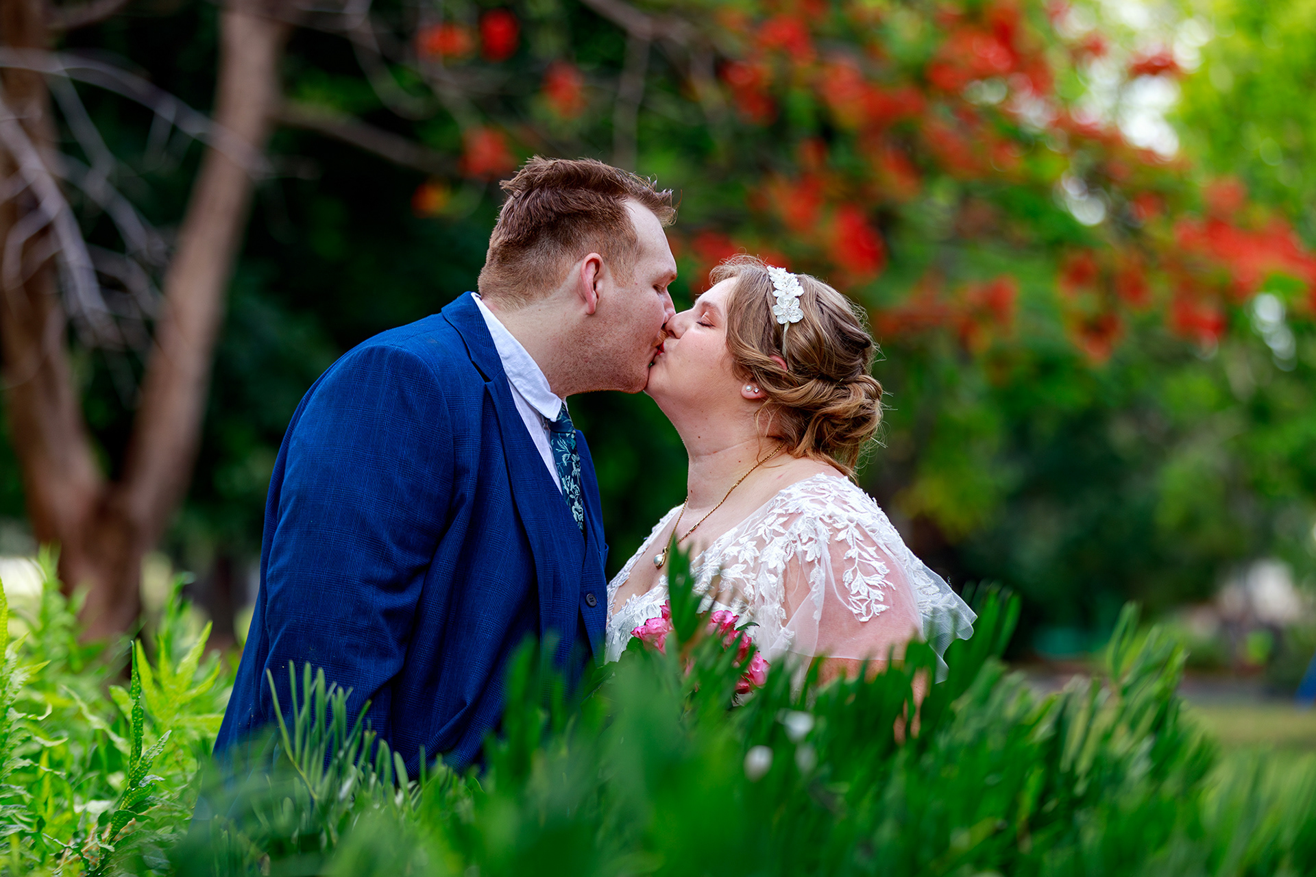 bride and groom kissing
