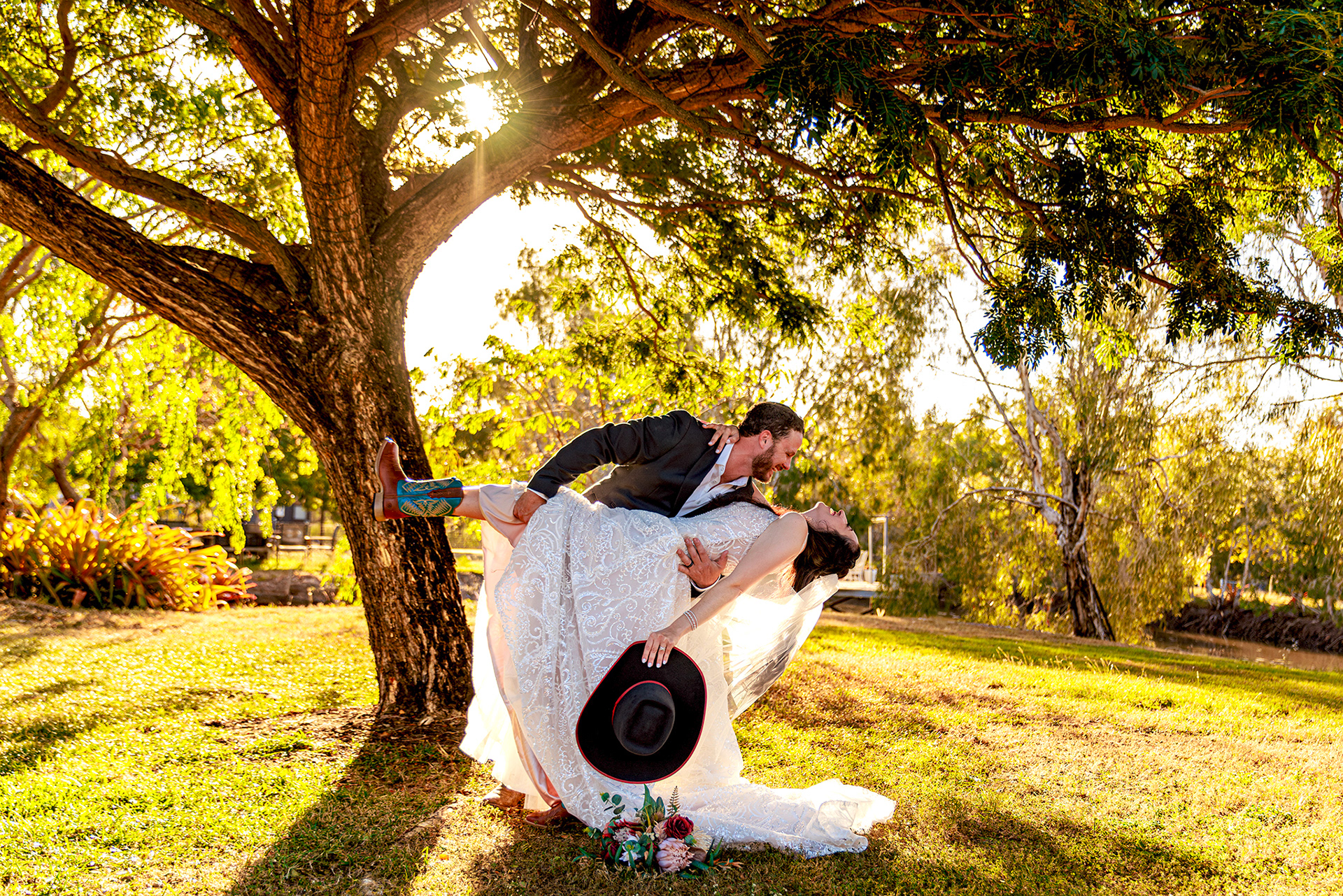 bride and groom dip shot