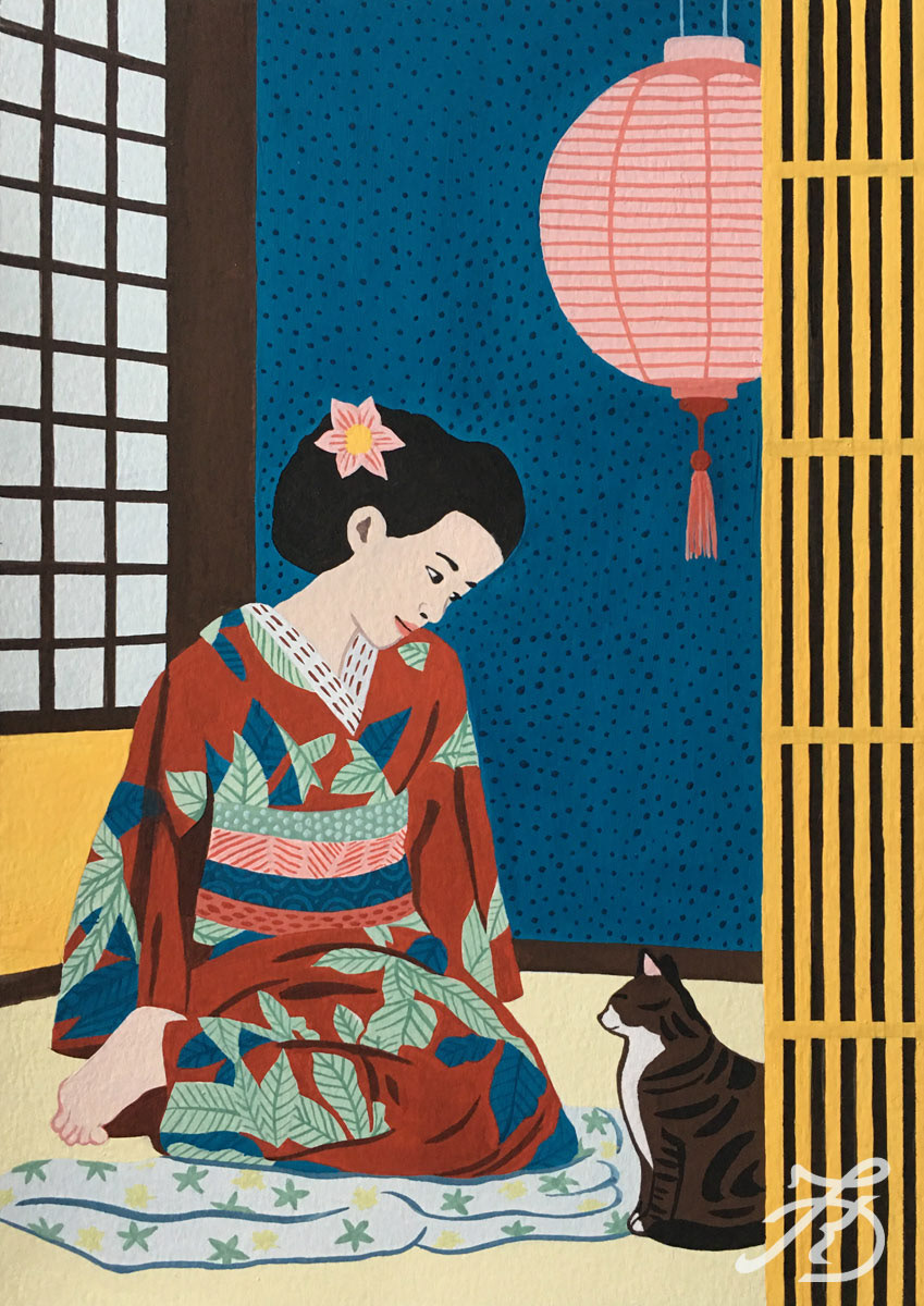 Illustration Geisha mit Katze