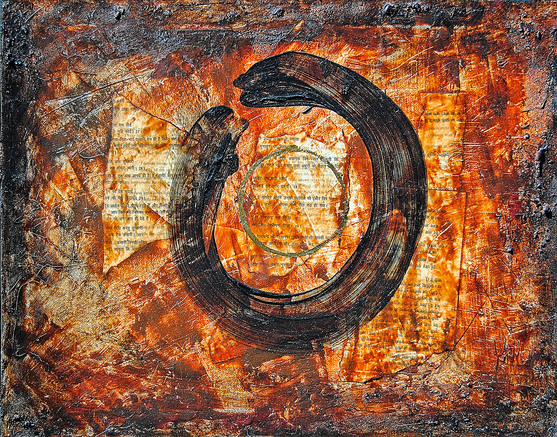 Planet. September 2024, Oil and wax with gold leaf over collaged papers. 61 x 46 x 1 cm