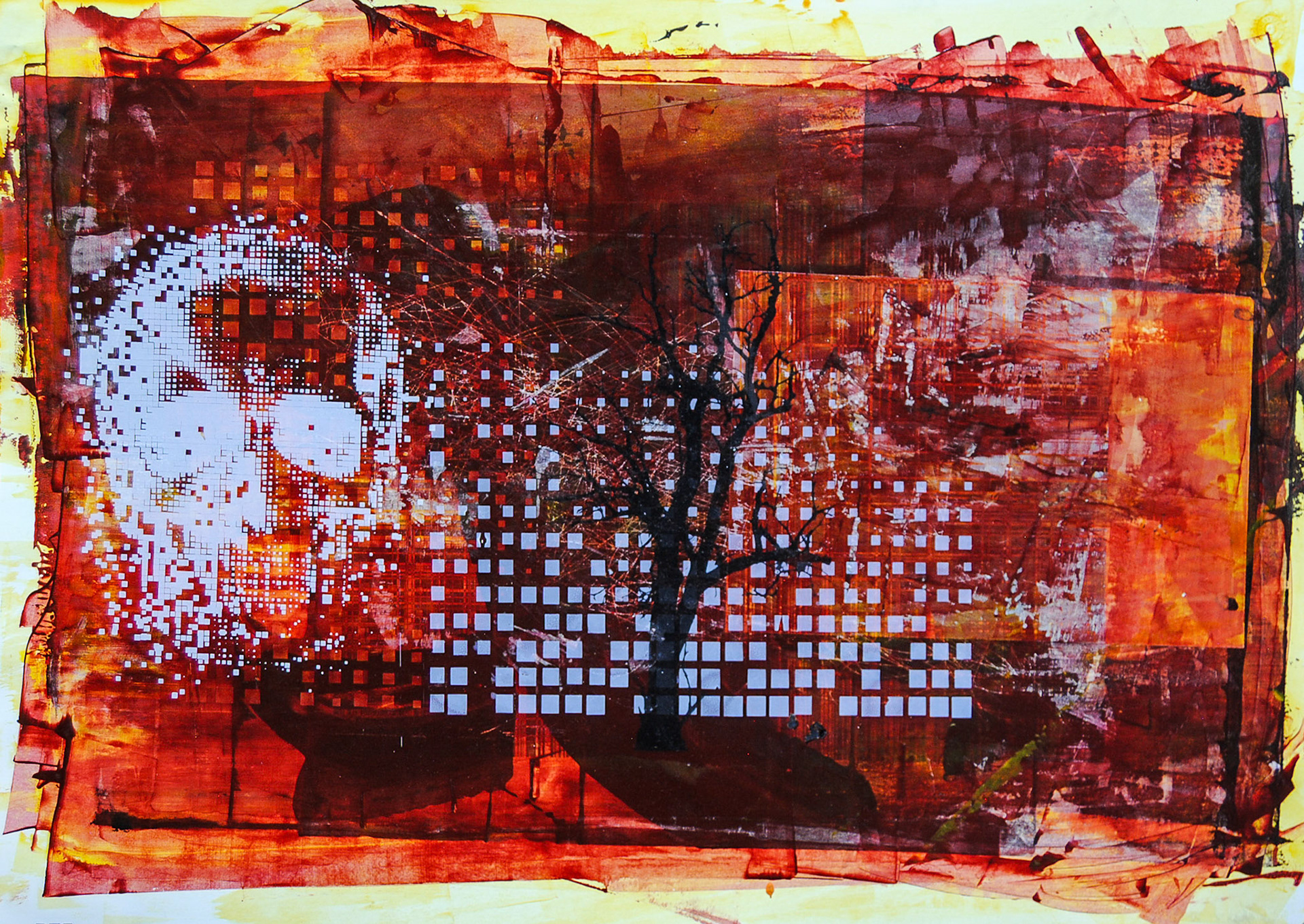 Simple Ecology. Screenprinted images over hand painted background.  50 x 70 cm.