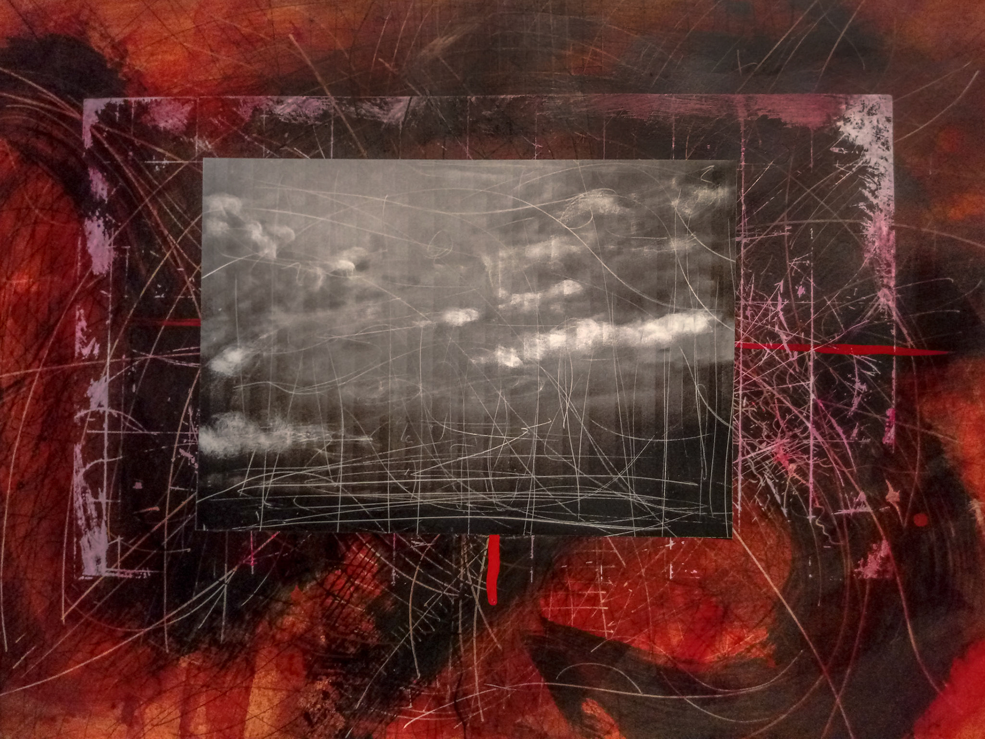 Weather Prediction. Photographic print with oil paint collaged on painted and screnprinted background. 50 x 70 cm.