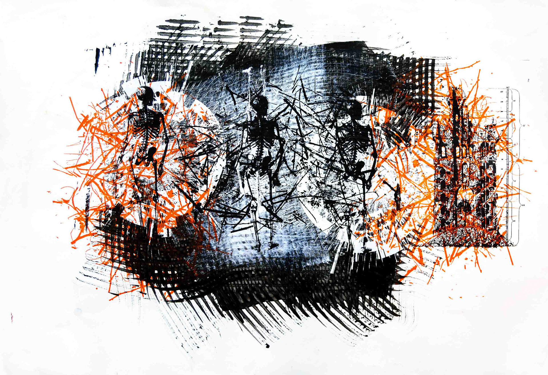 The Three Fates 1. Screenprints over painting. 70 x 100 cm.