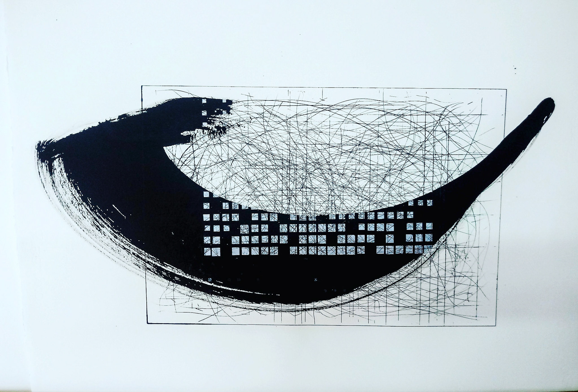 Screenprint monotype with Indian ink brushstroke. 50 x 70 cm Fabriano paper