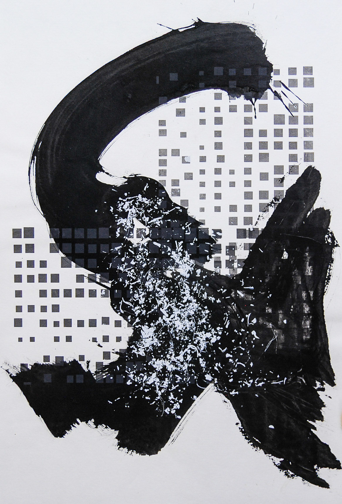Contemplating digital Zen. Ink brushwork over screenprinted grids. 70 x 50 cm.