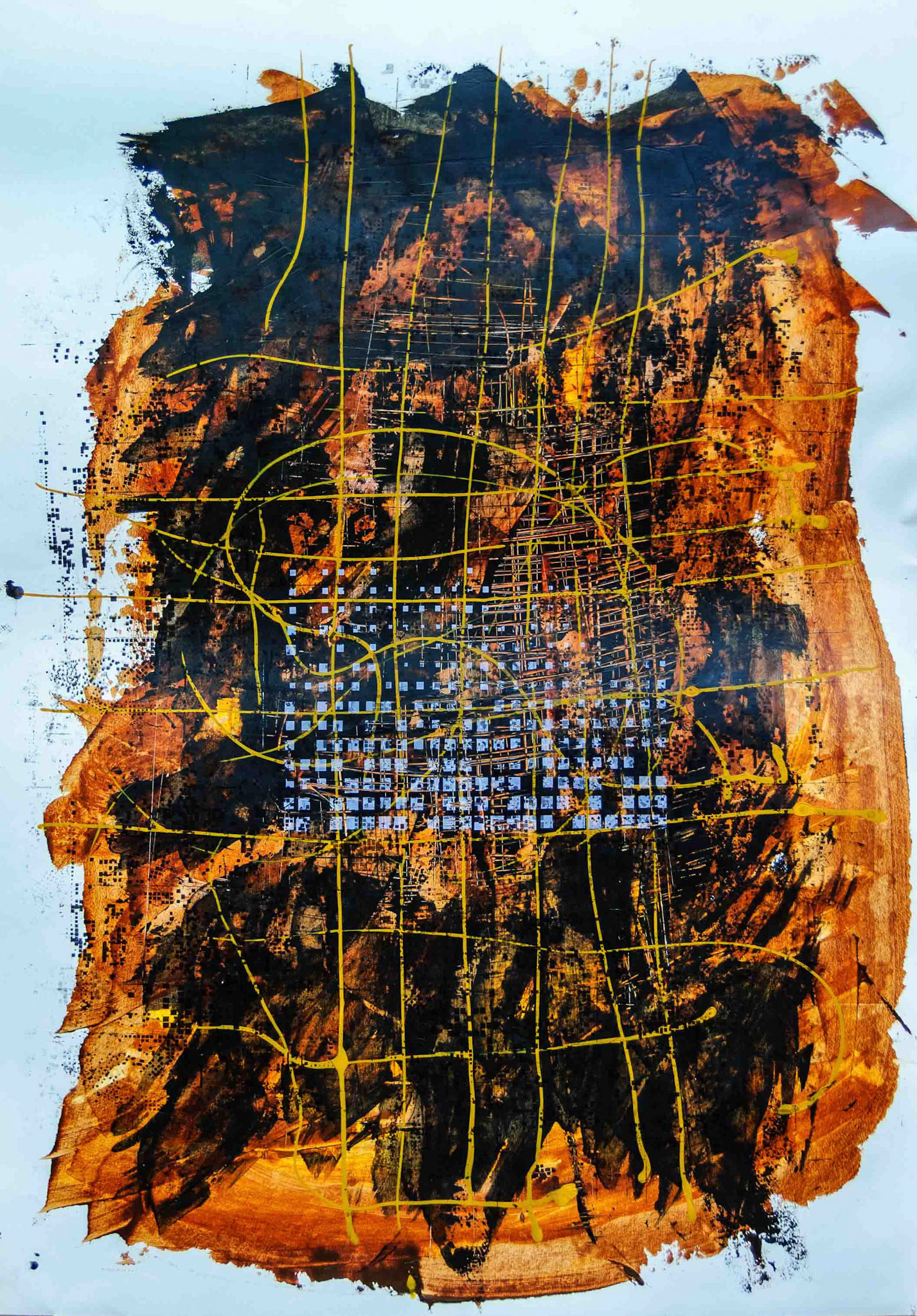 Nature of grids. Screenprint over  painting. 100 x 70 cm.