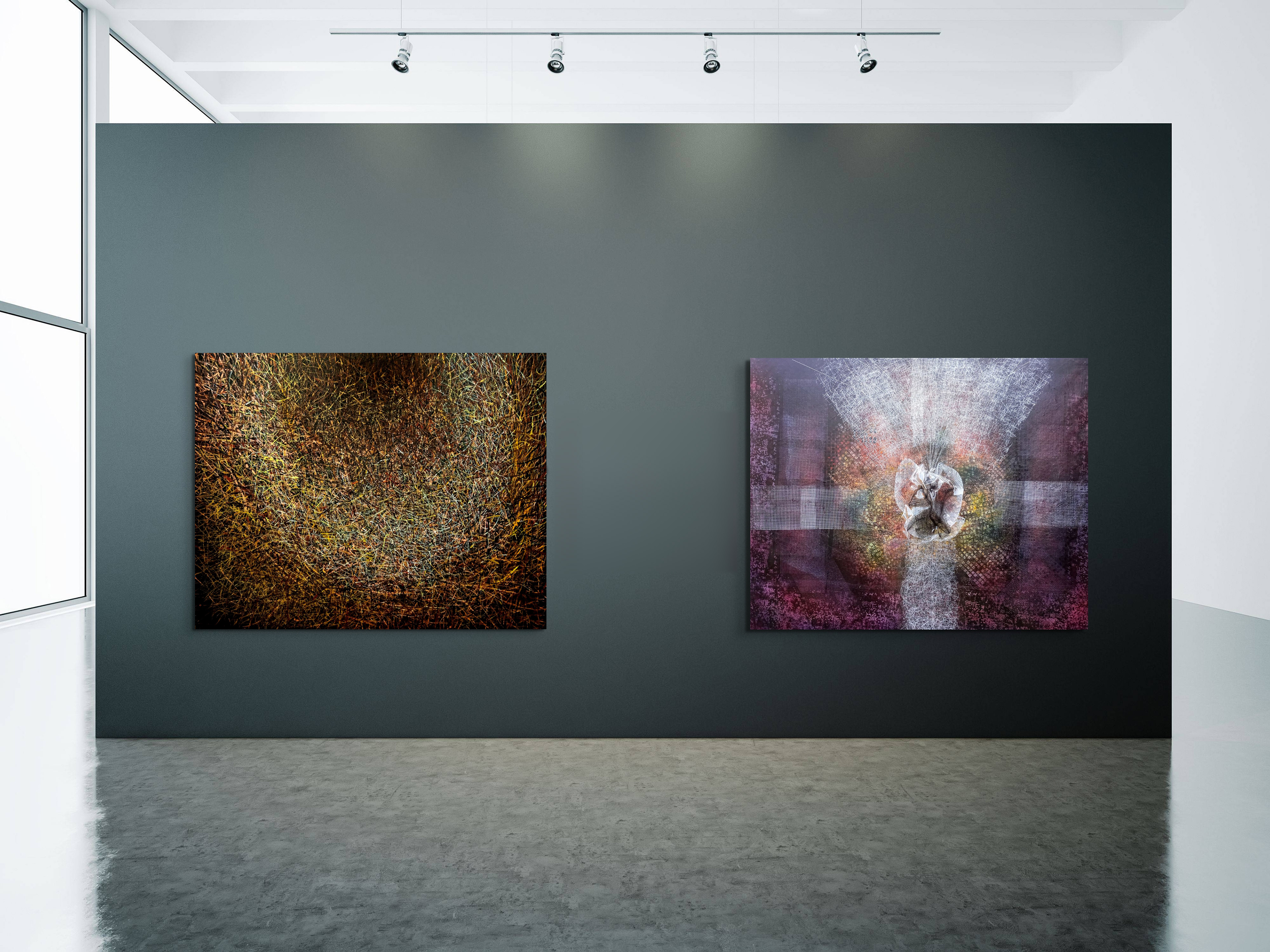 Flood. 2016, Oil on canvas 122 x 152 x 5 cm and Fusion, Acrylic on canvas 122 x 152 x 5 cm.