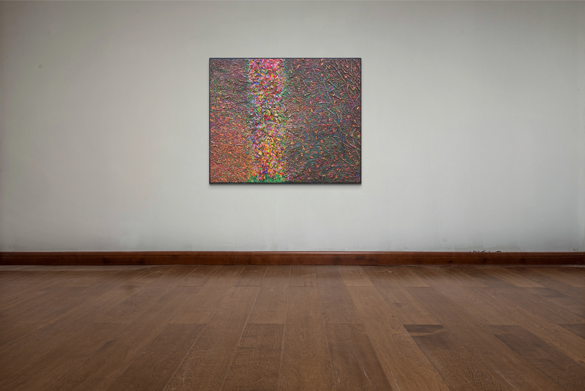 Transitions. November 27, 2022, Acrylic and oil paint on canvas mounted on wood panel. 121 x 147 x 2.5 cm