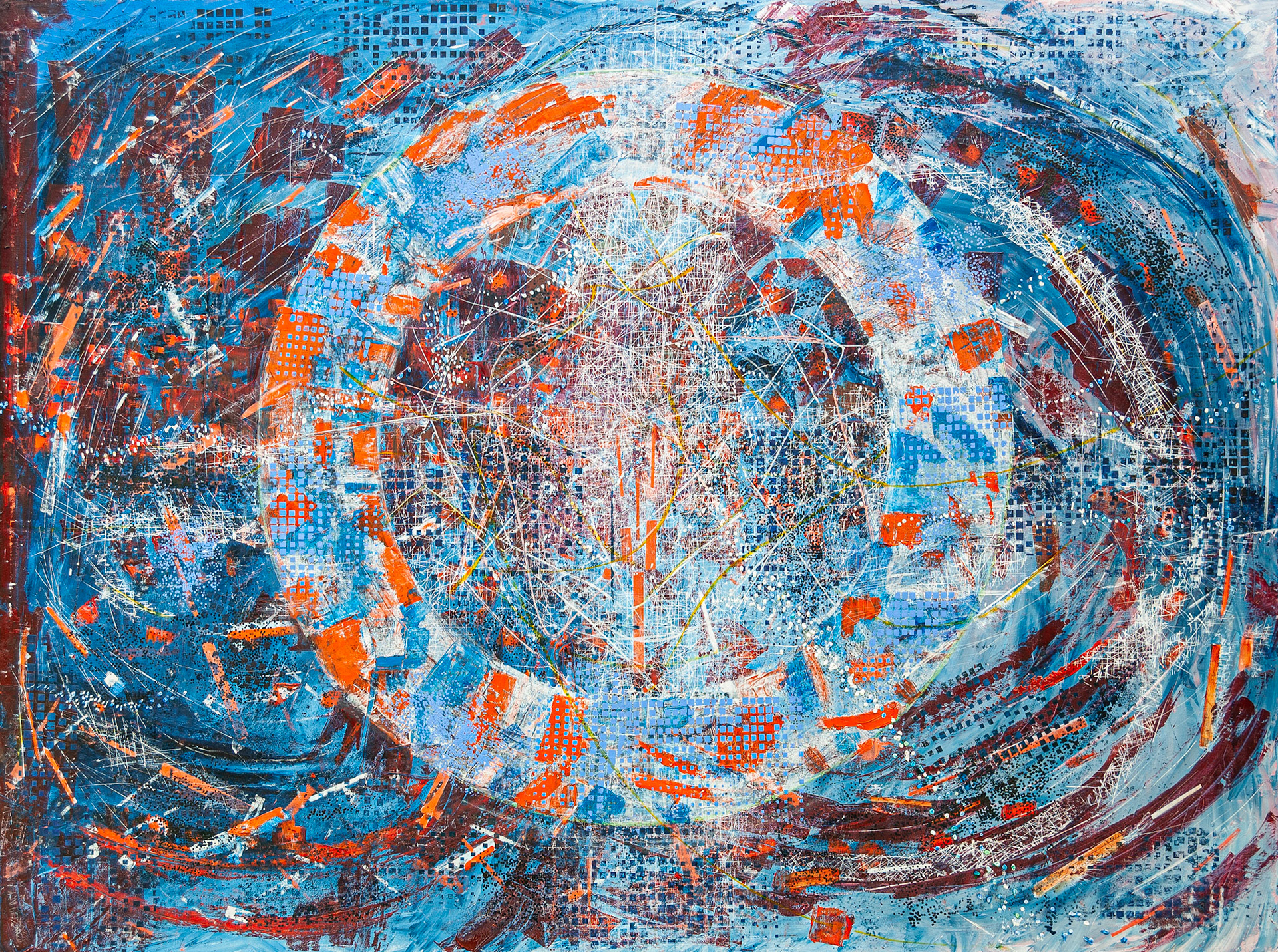 Oil on canvas with silkscreened elements. !.5 x 2.0 metres